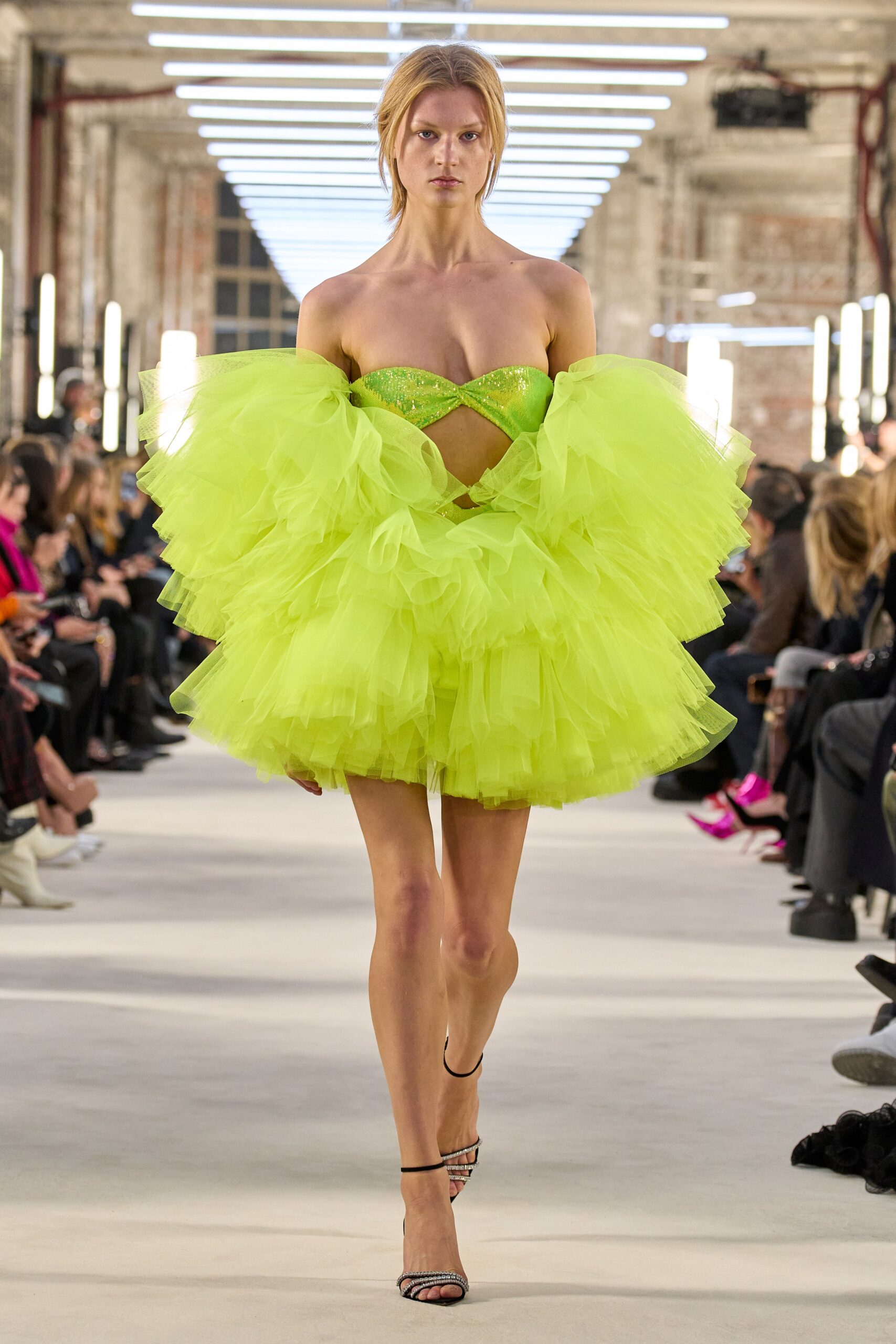 neon green ruffled mini dress