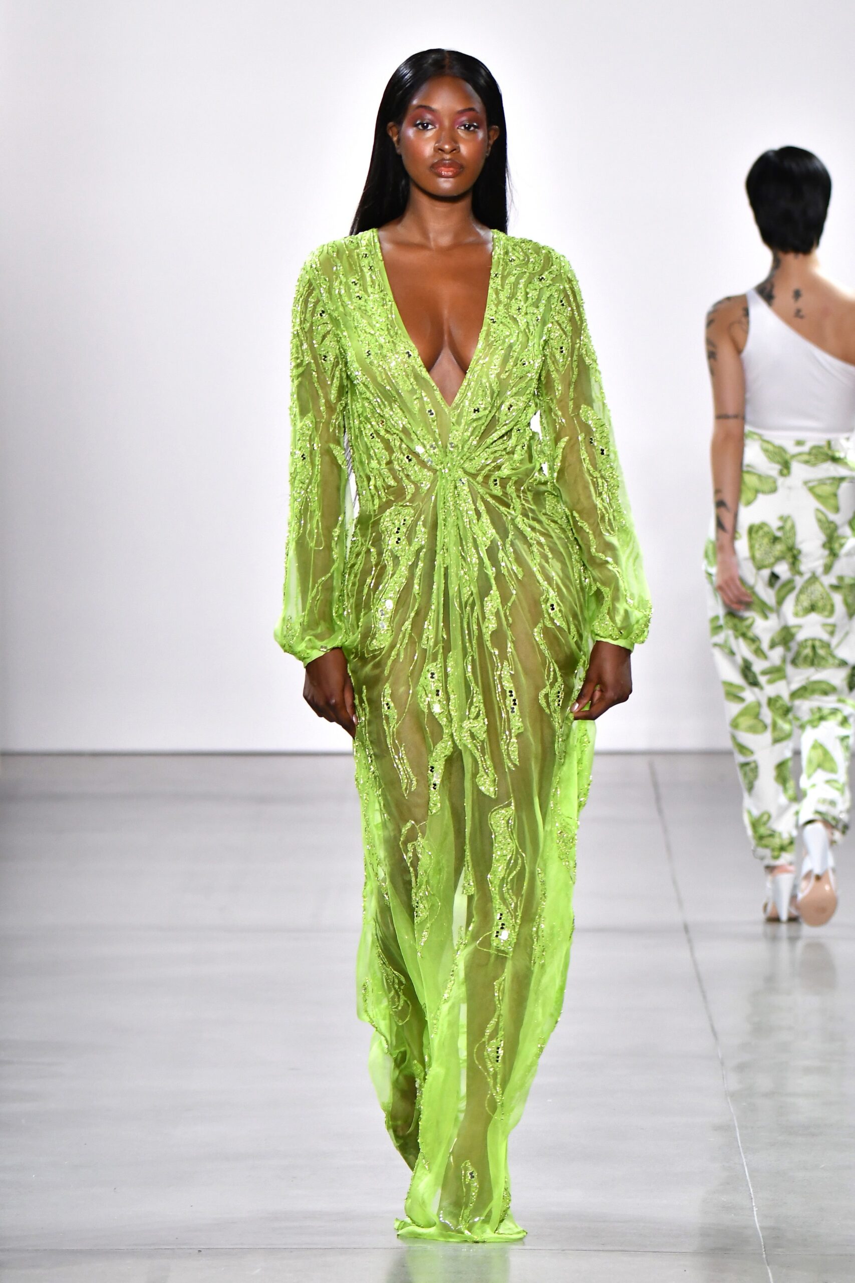 green embroidered sheer gown
