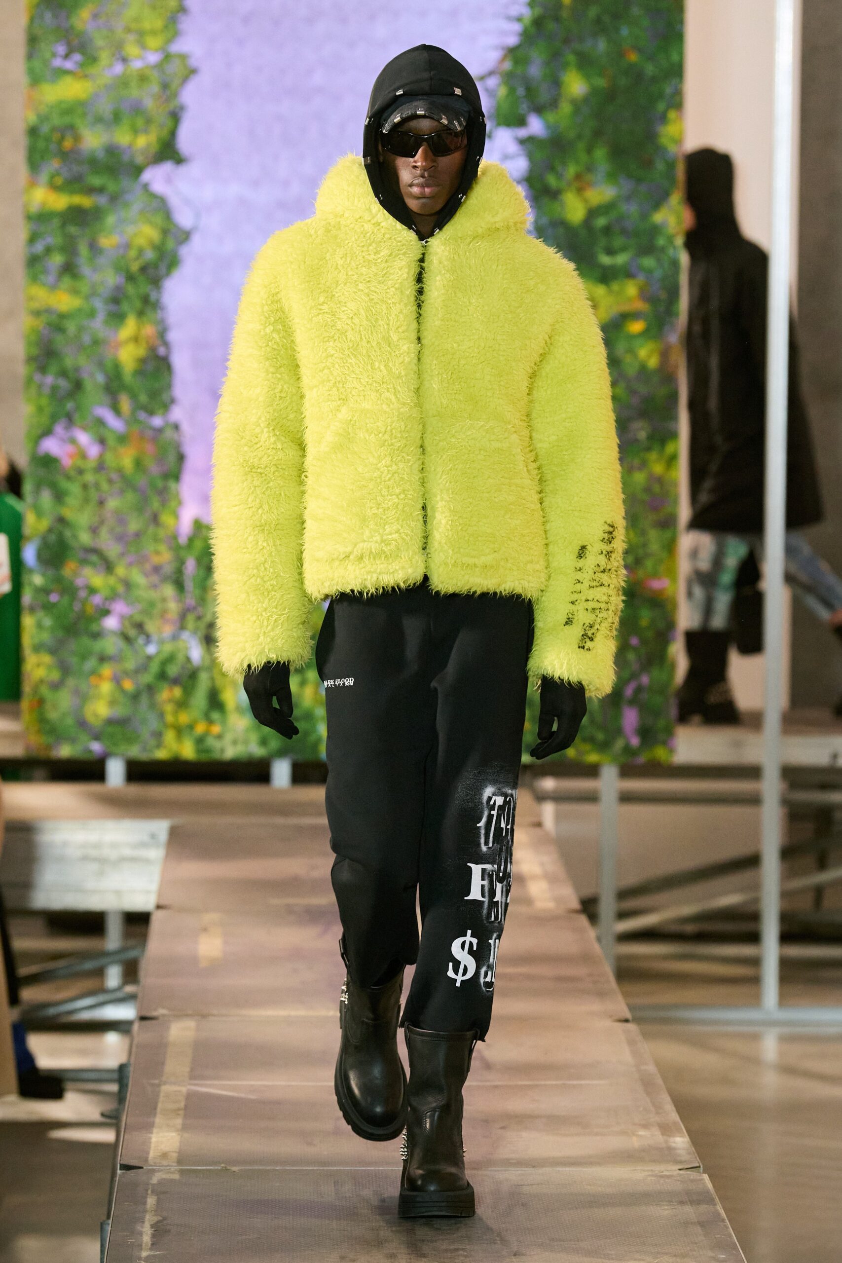 yellow faux-fur long-sleeve hooded relaxed zippered jacket