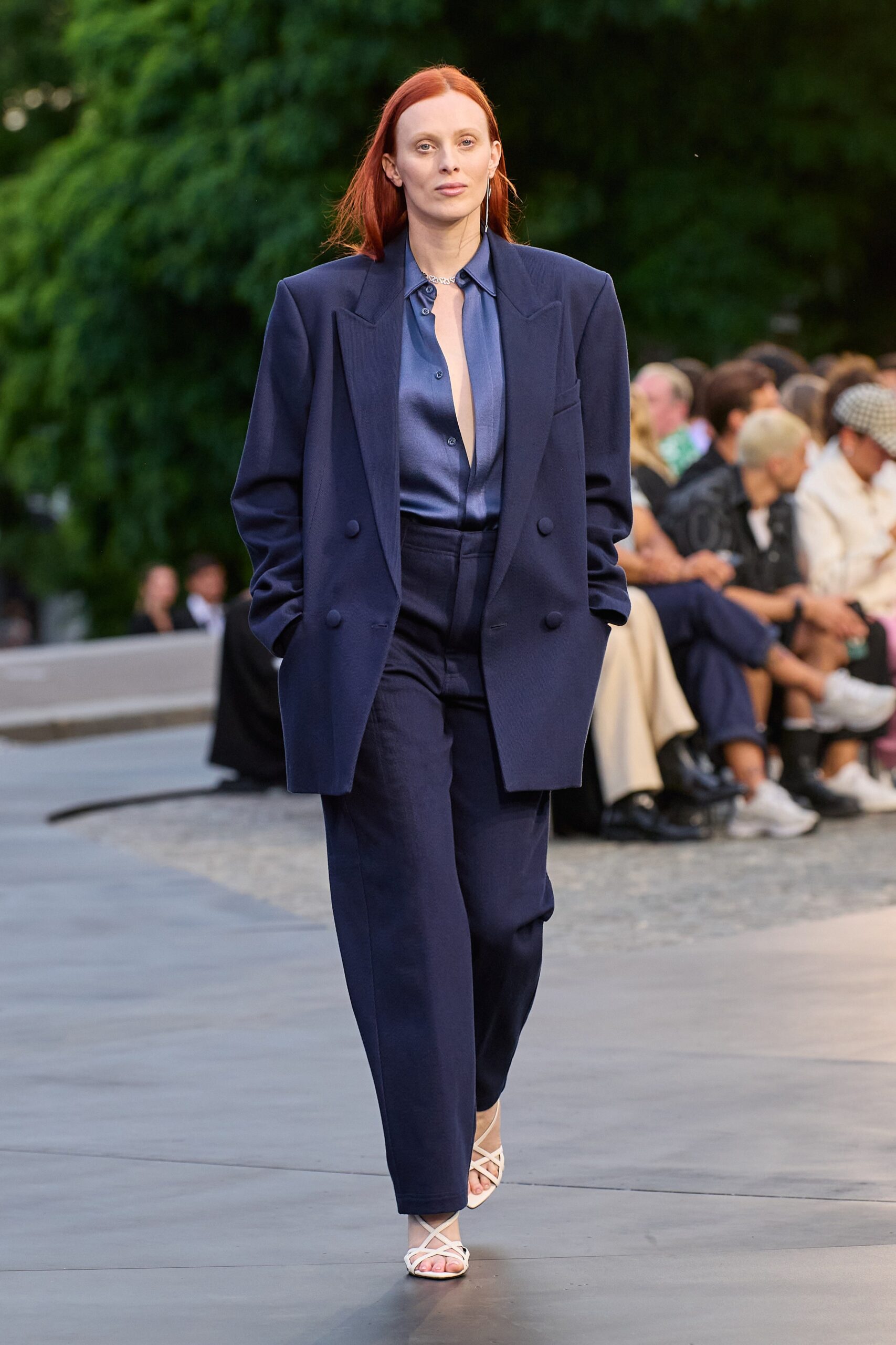 navy blazer with silk shirt