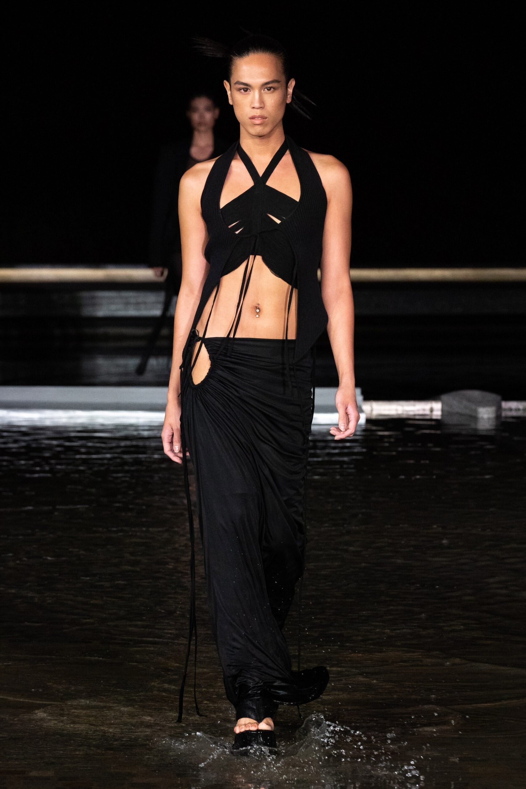 black halter top and draped skirt