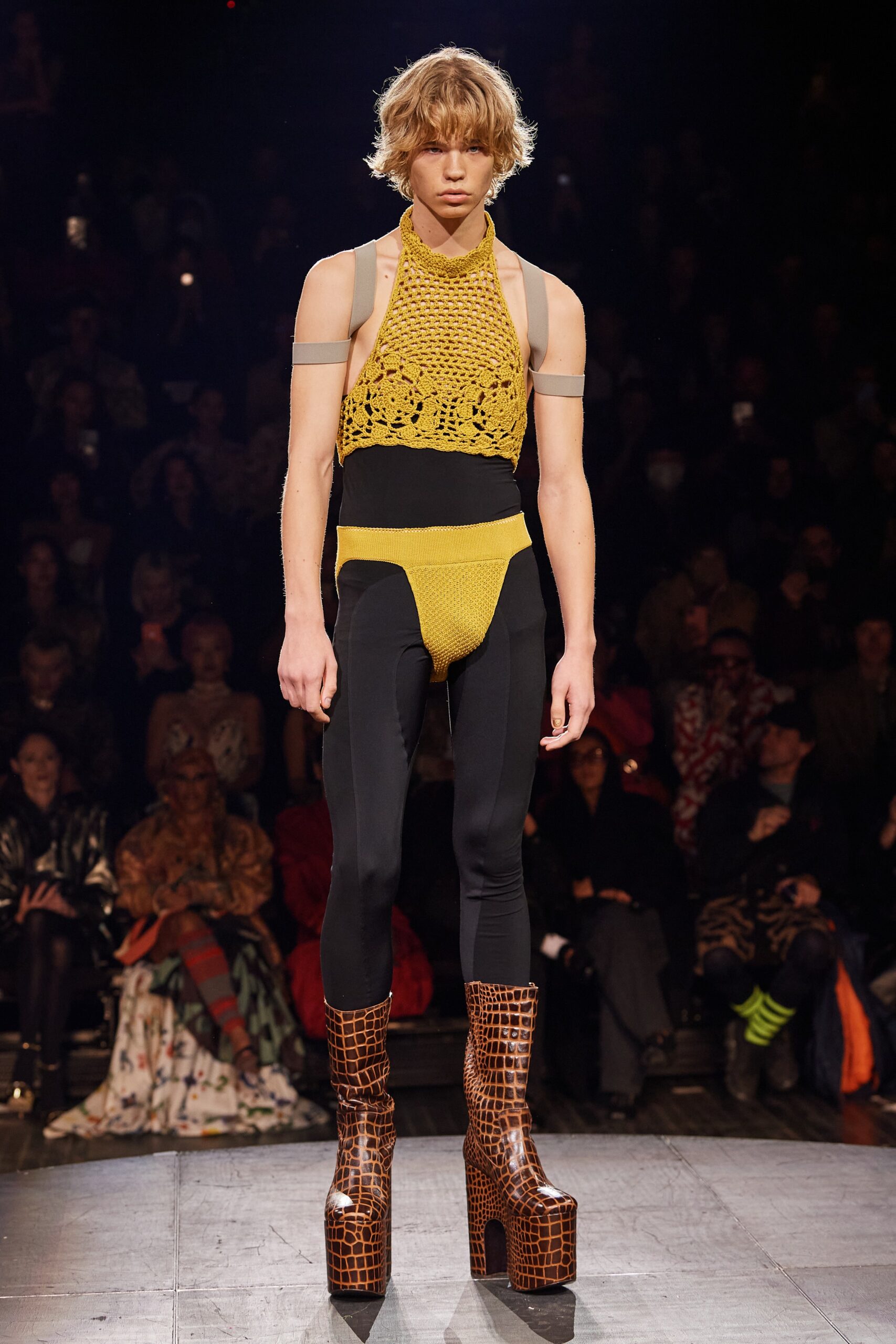 yellow crochet bodysuit with black pants