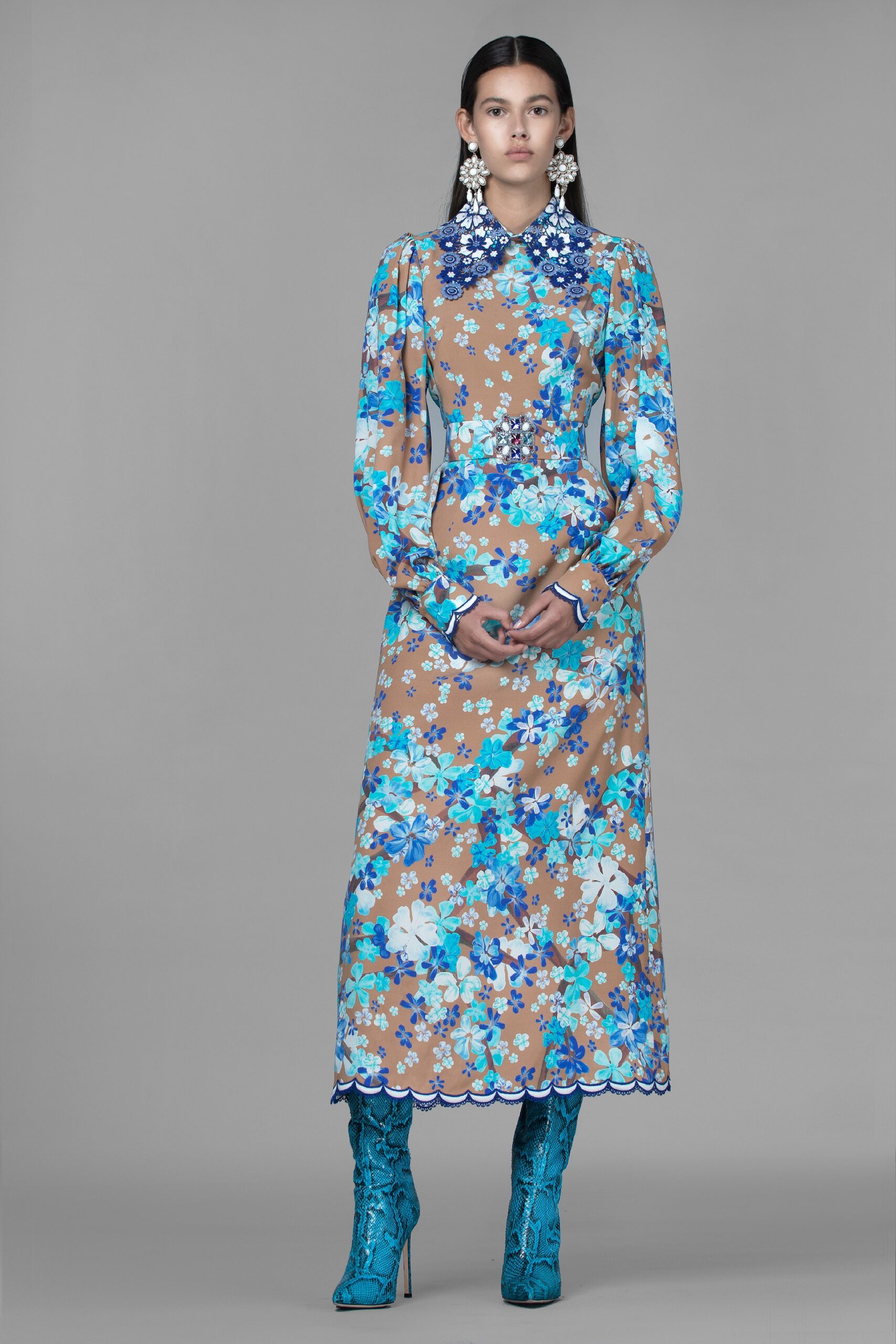 beige silk long-sleeve collared fitted floral tiered dress