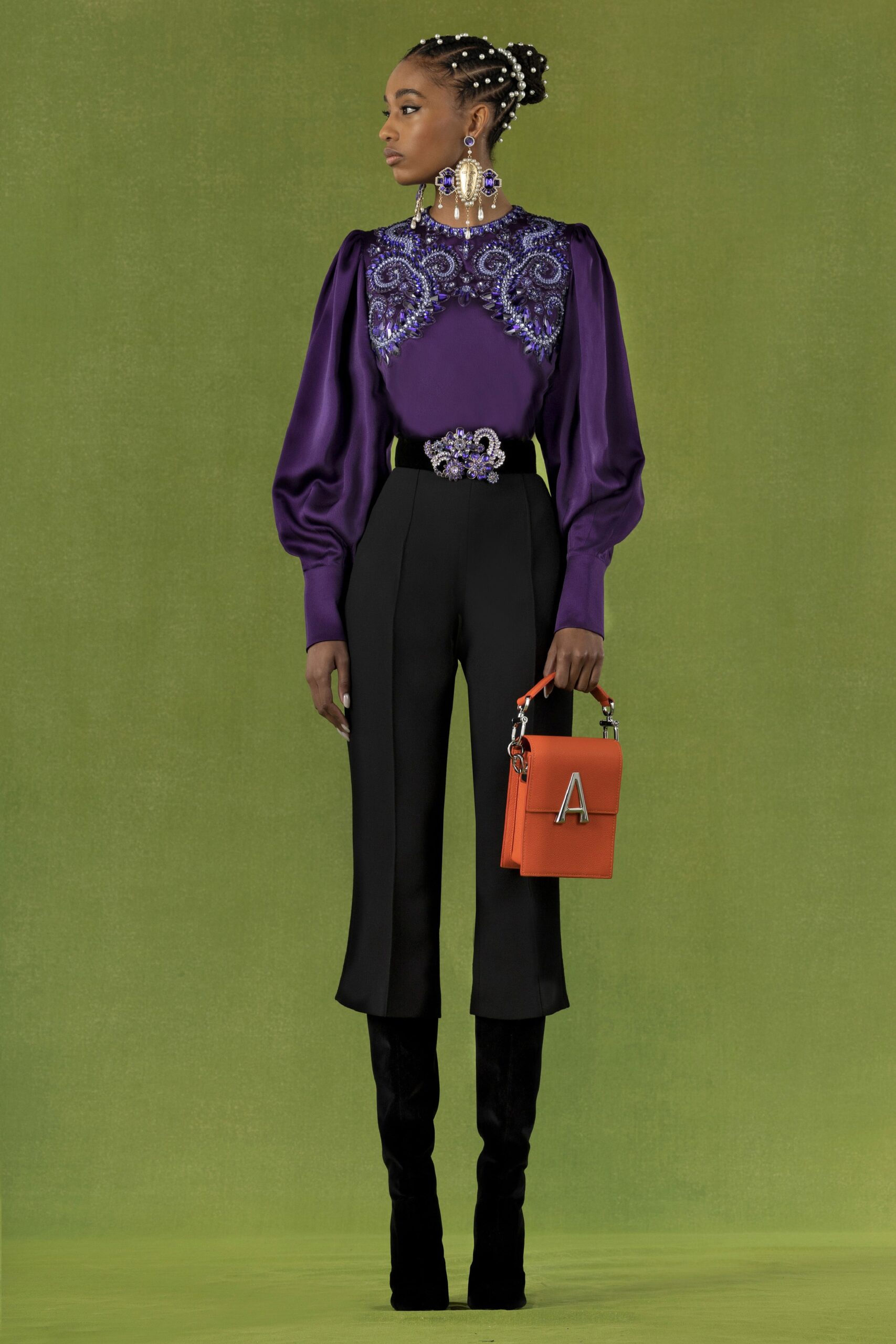 purple embroidered blouse and black tailored pants