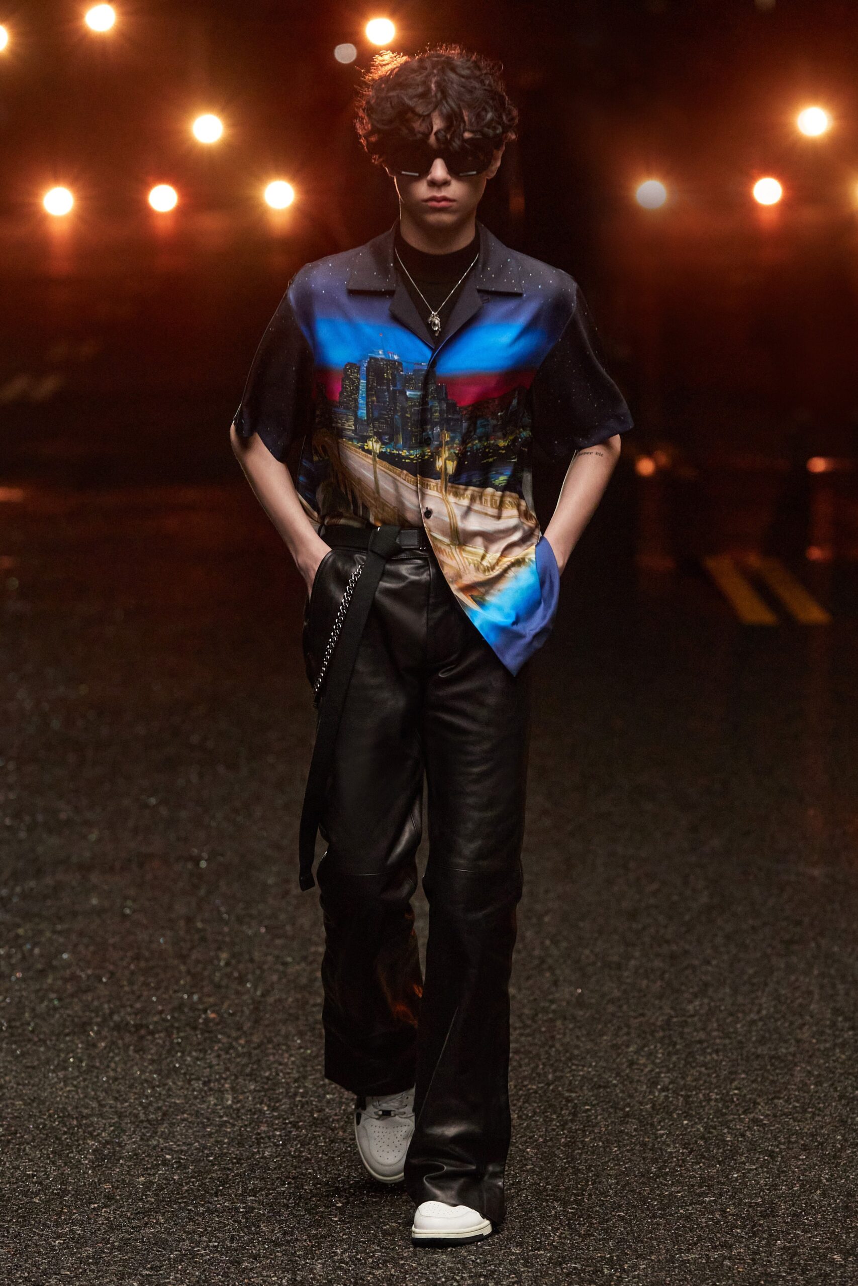 relaxed blue printed shirt with black leather pants