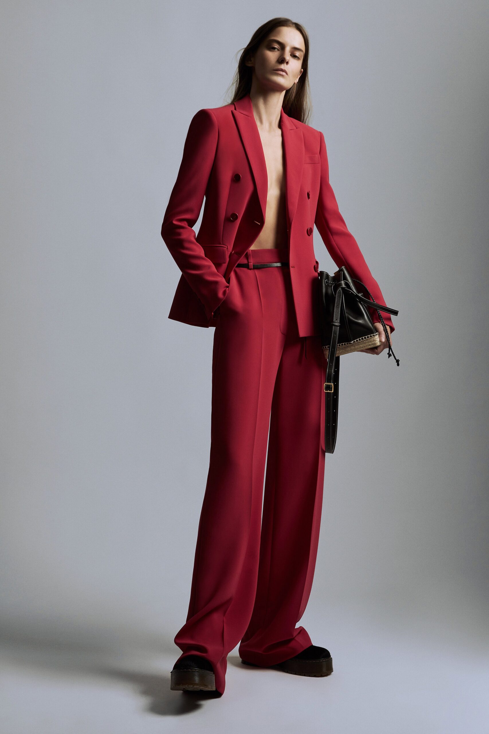 red wool long-sleeve v-neck tailored blazer