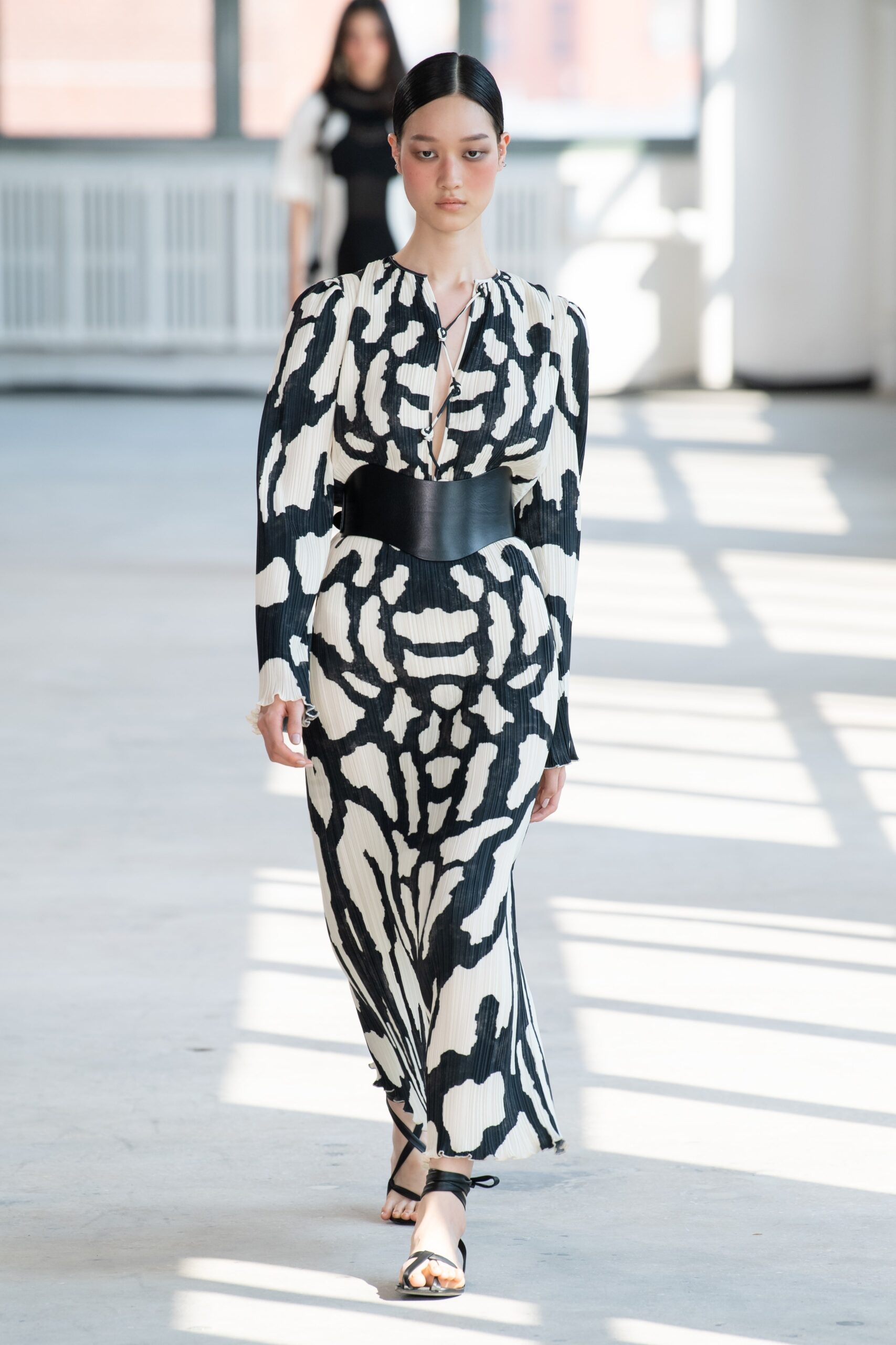 black and white pleated midi dress