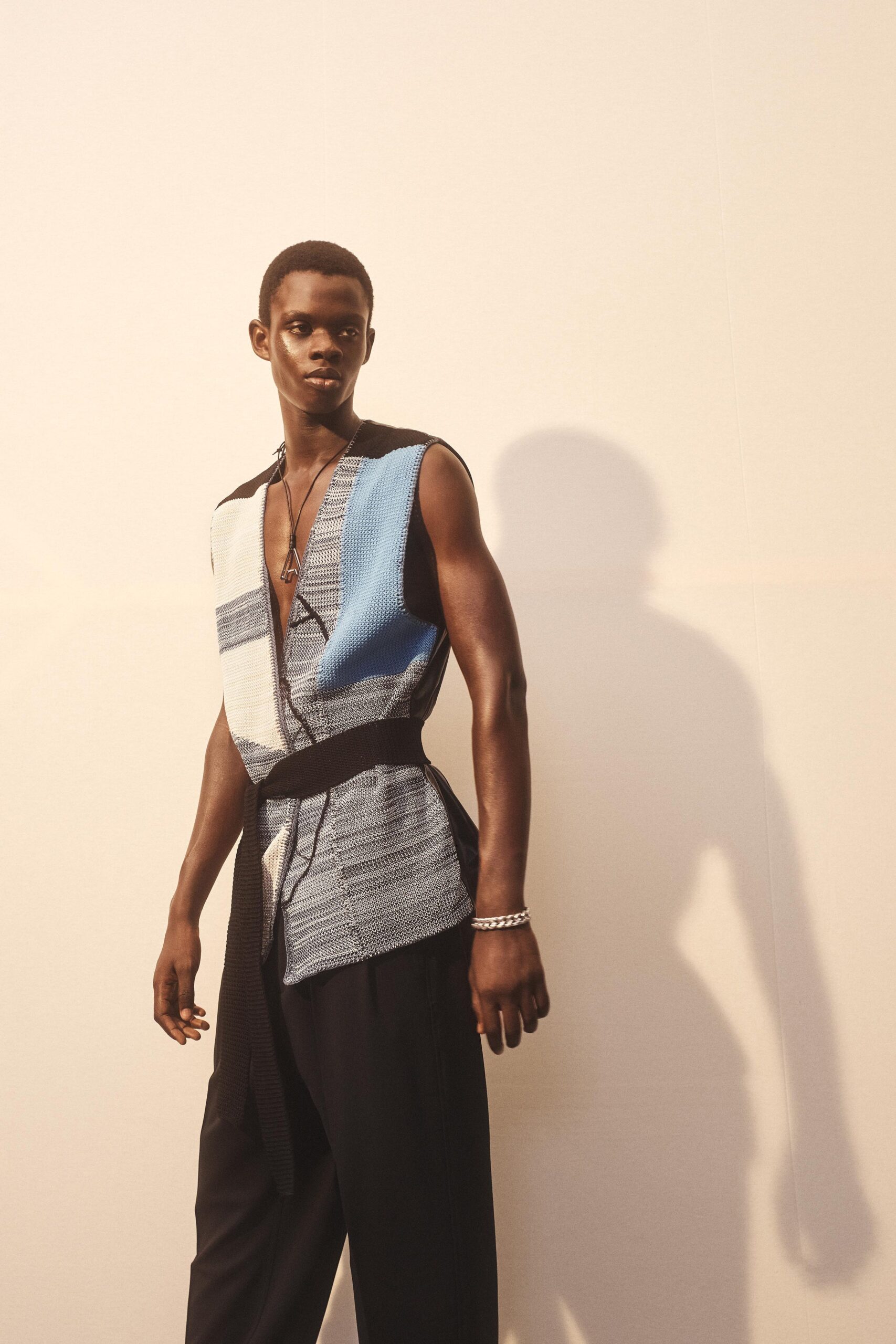 color-blocked sleeveless top with relaxed pants