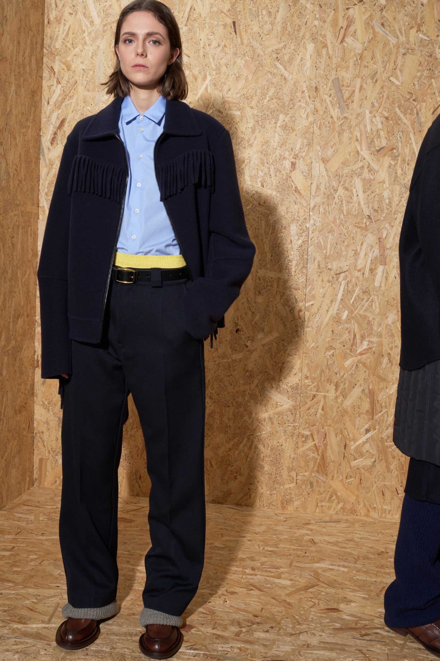 blue wool long-sleeve collared relaxed fringed jacket