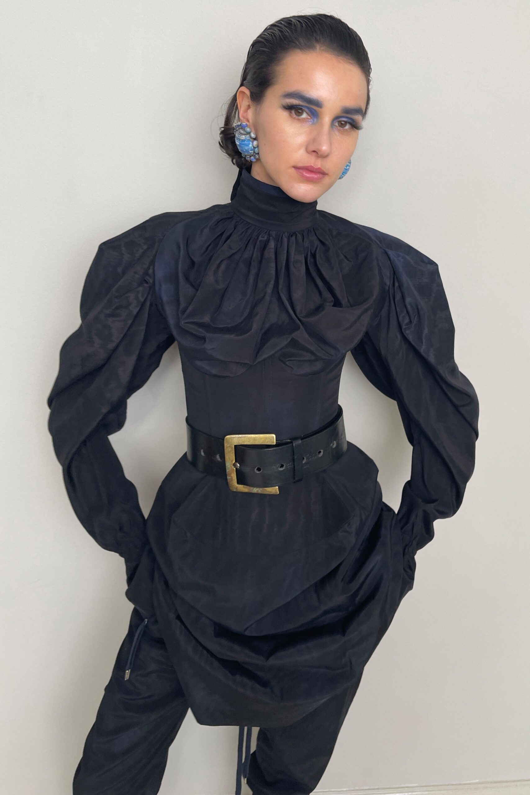 black silk blouse and pants