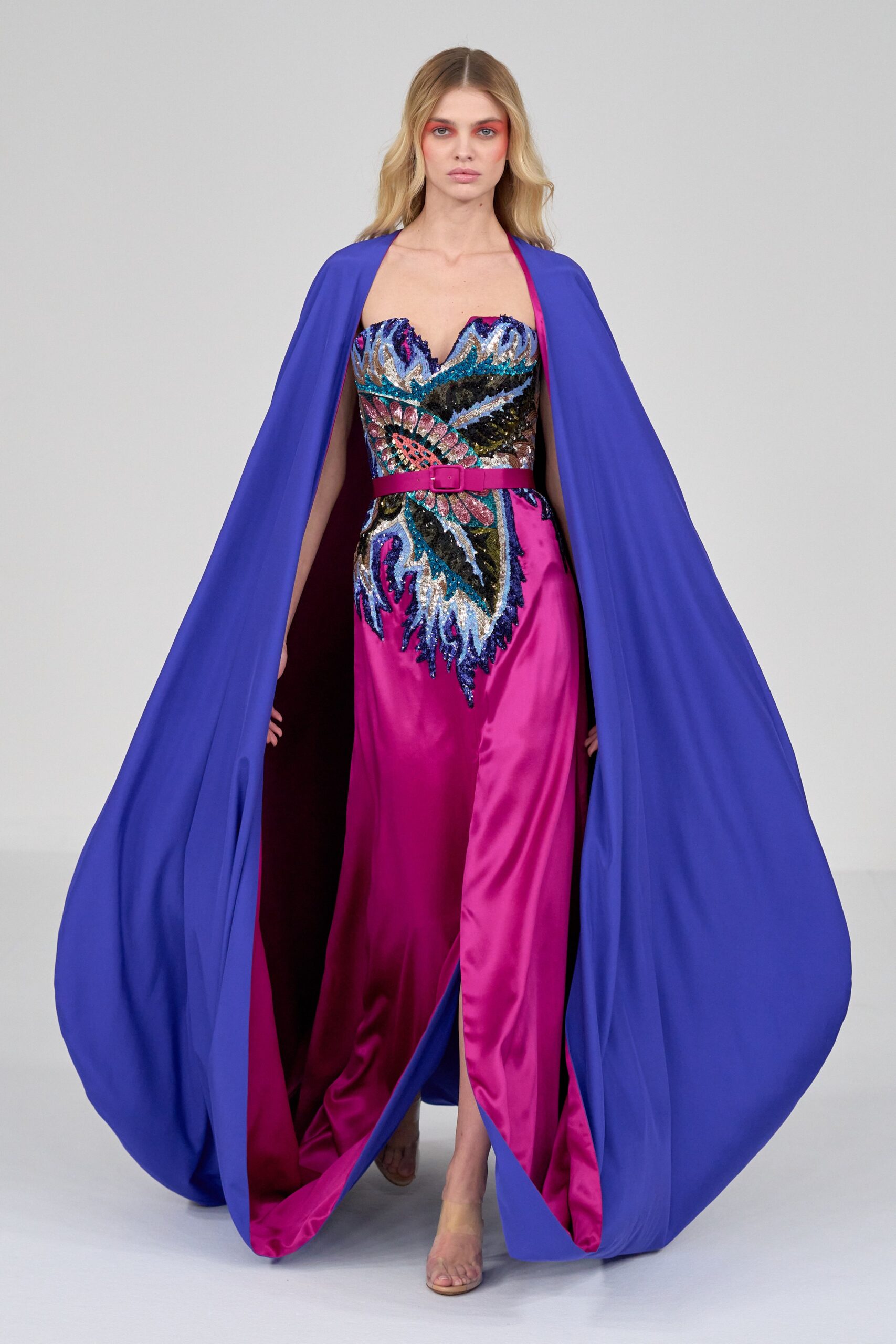 blue silk long-sleeve relaxed layered flowing cape