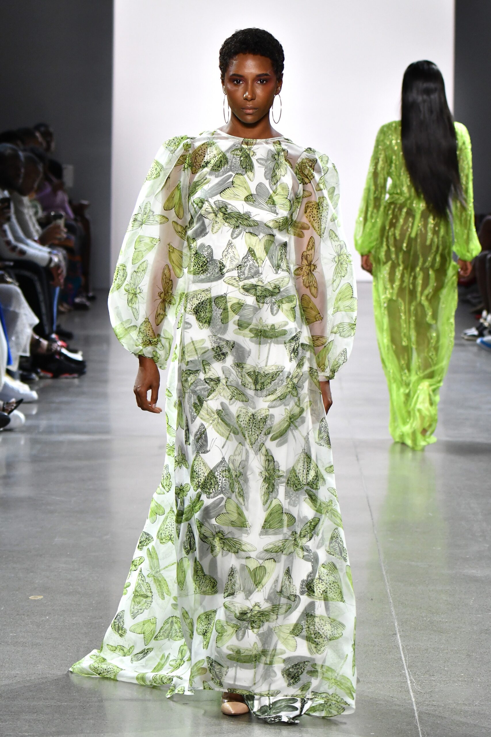 white green printed maxi gown