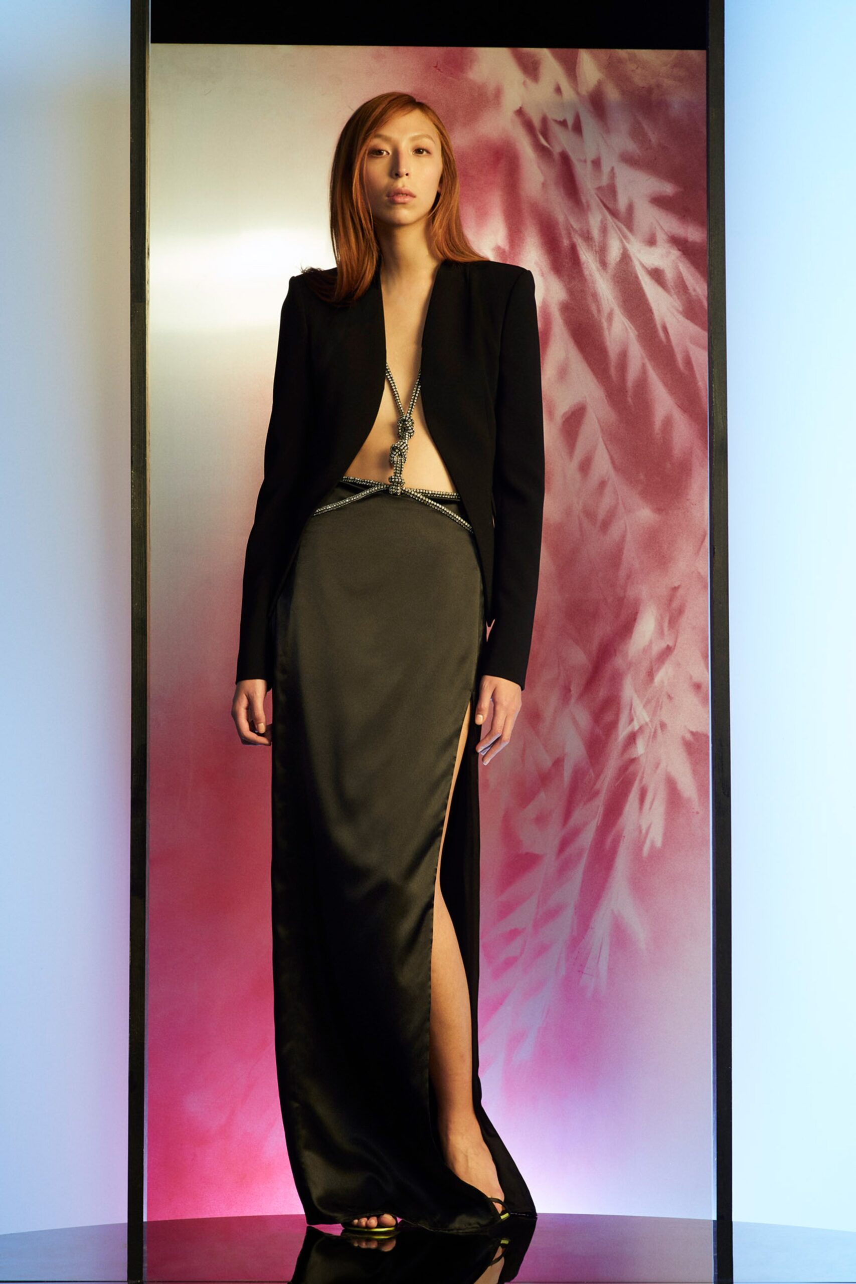black silk maxi dress with blazer
