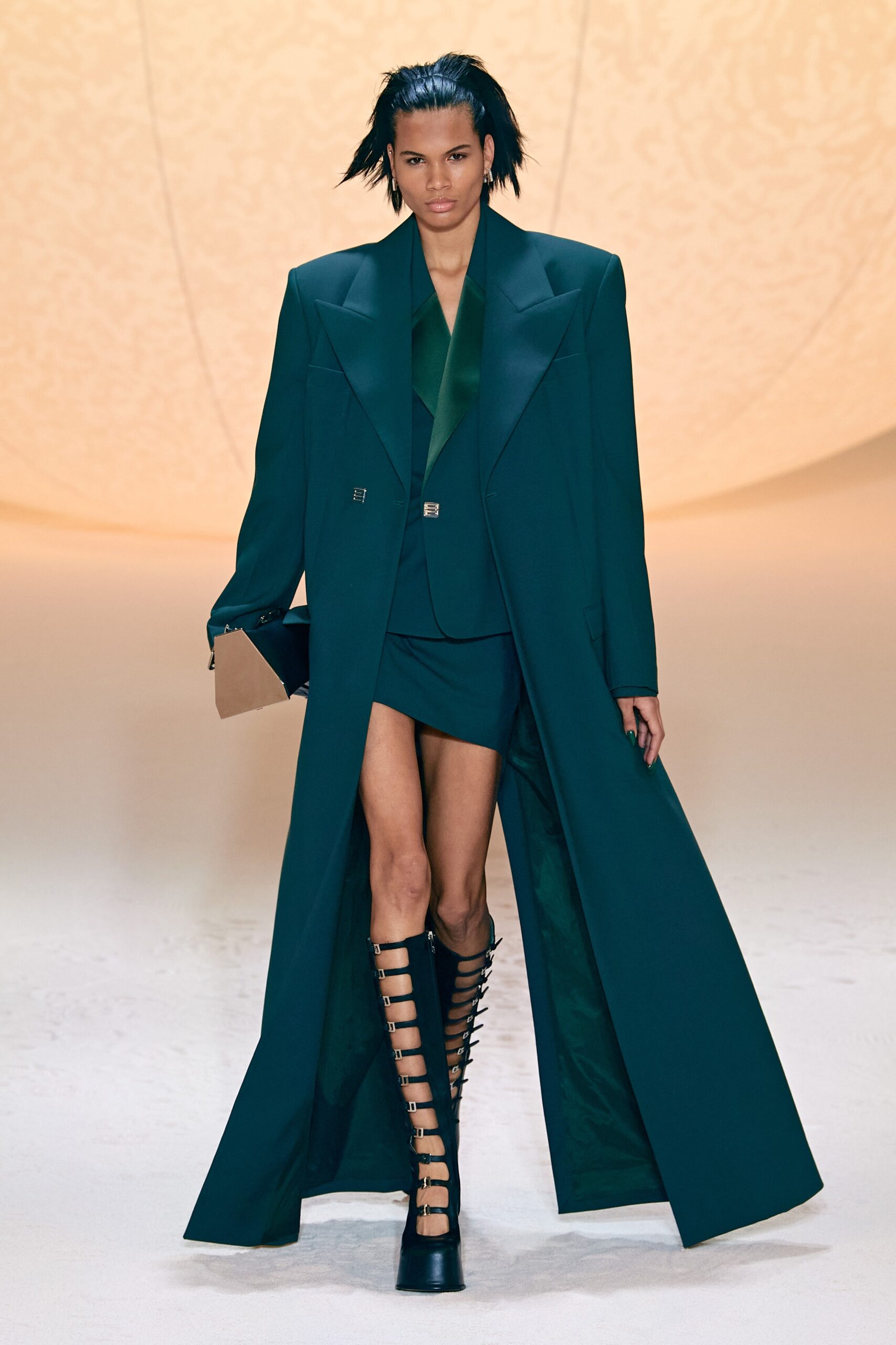 green oversized coat with blazer and skirt