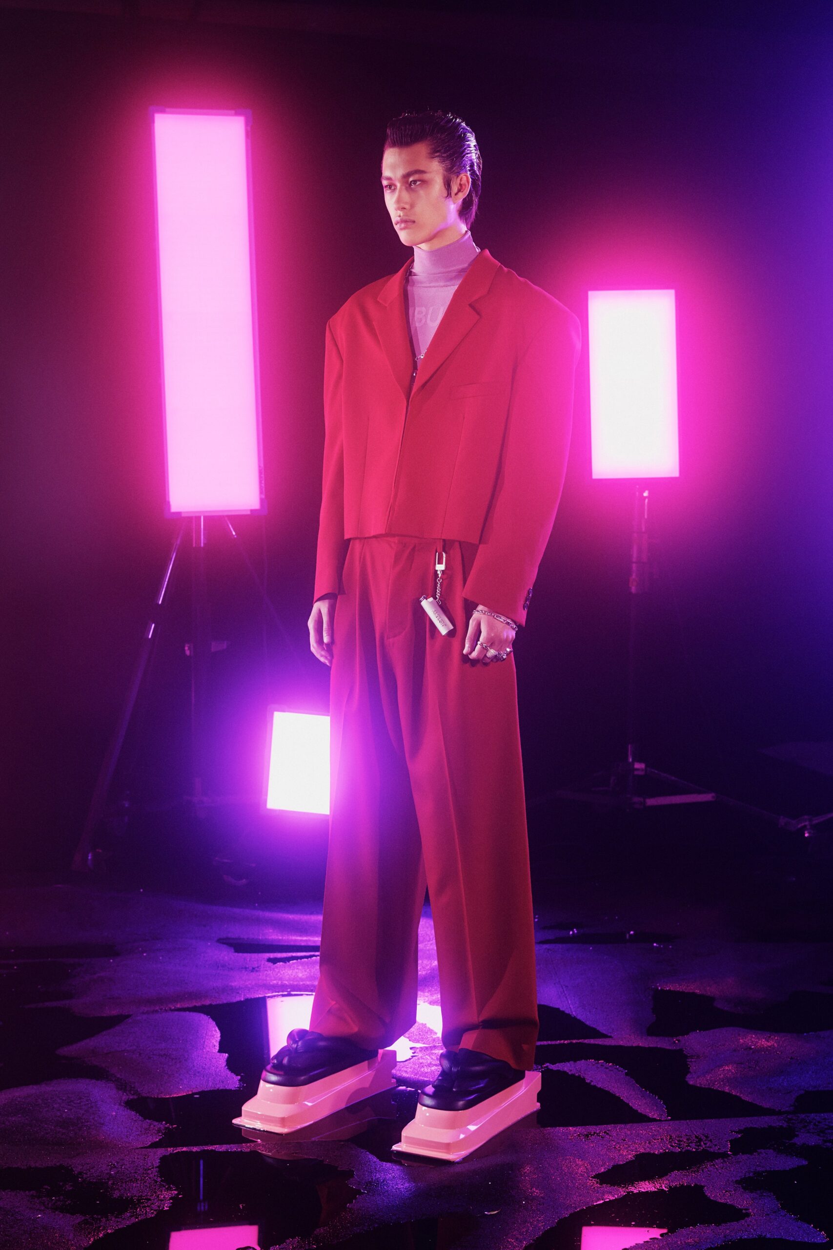 red cotton long-sleeve collared relaxed buttoned suit