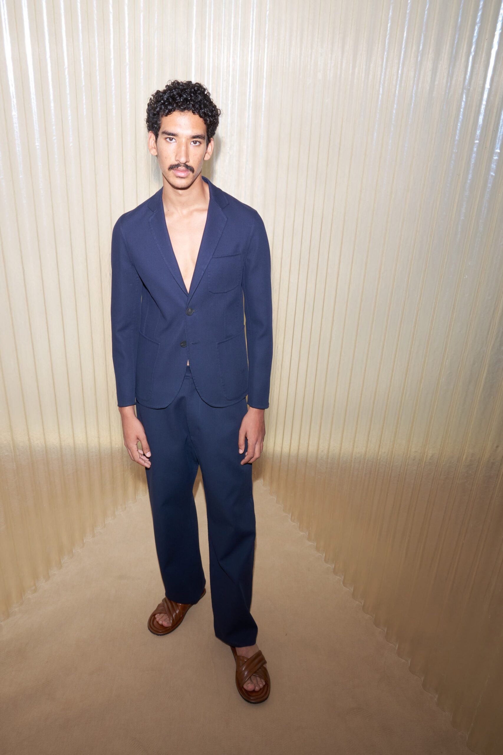 blue tailored blazer with relaxed pants