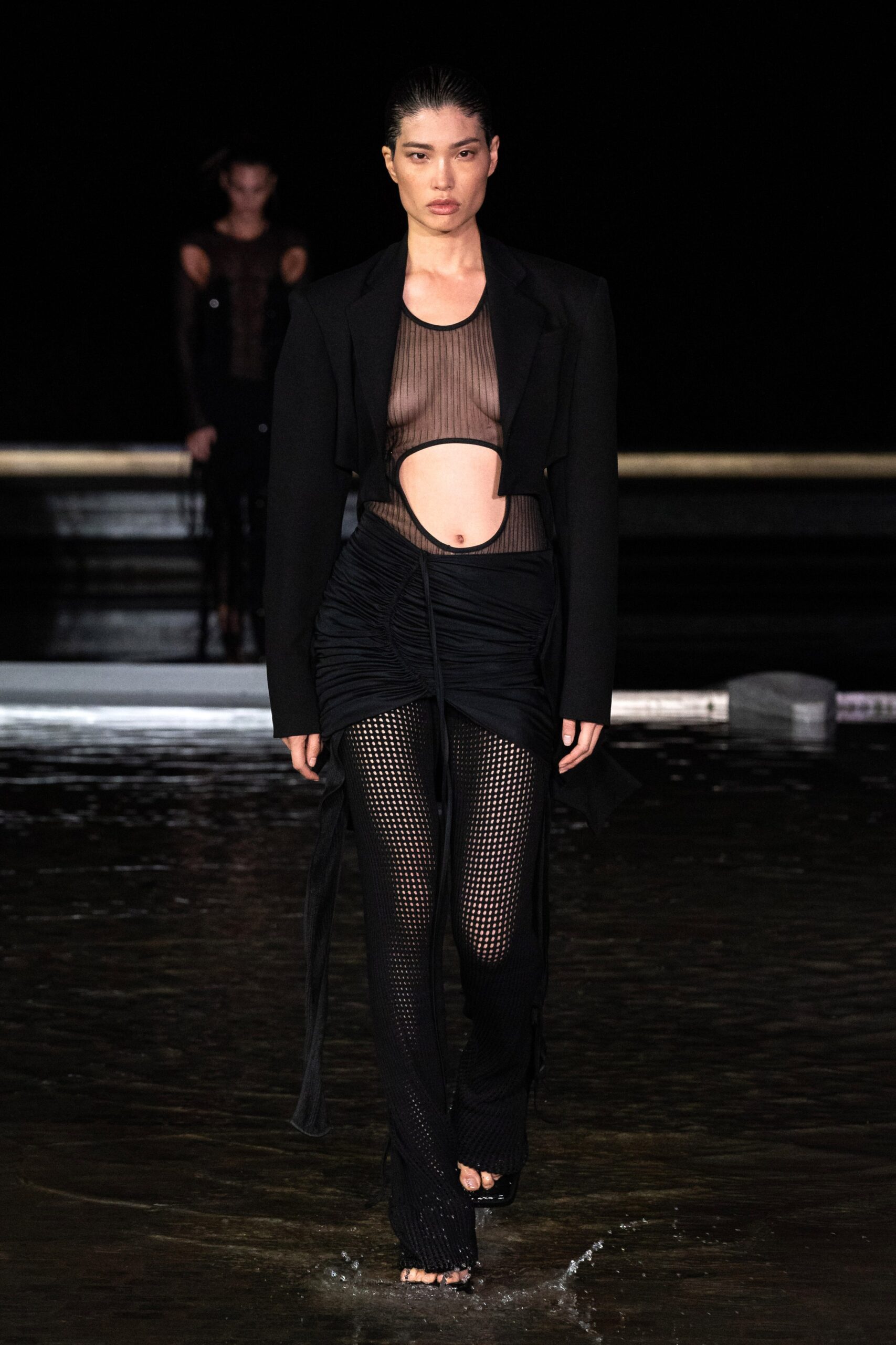 black tailored blazer with mesh top