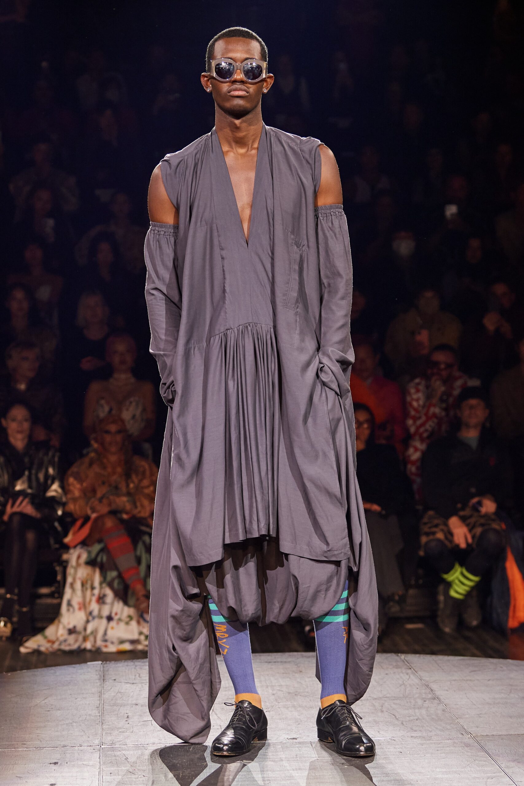 gray draped midi dress
