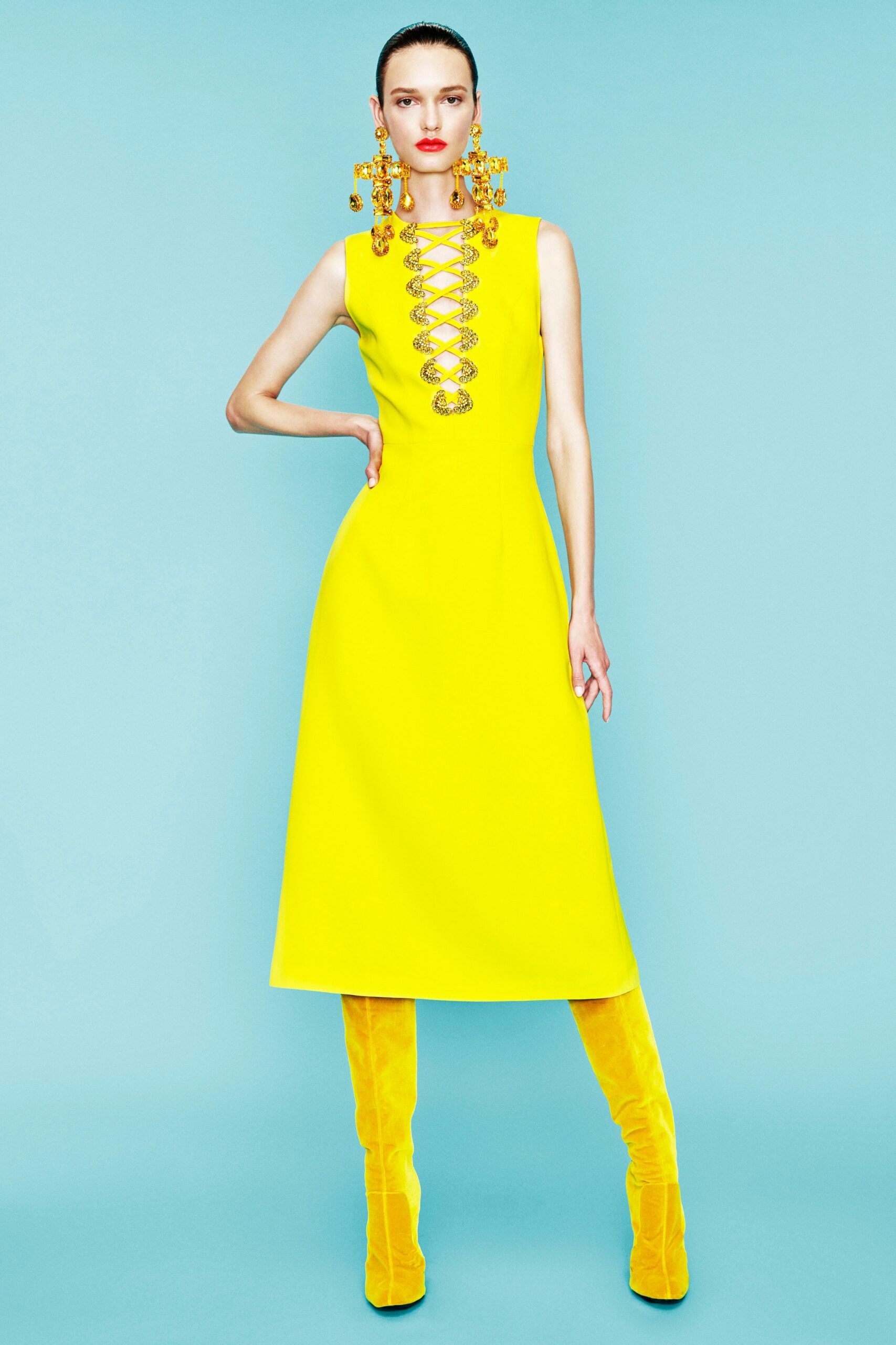 yellow sleeveless high-neck fitted a-line midi dress