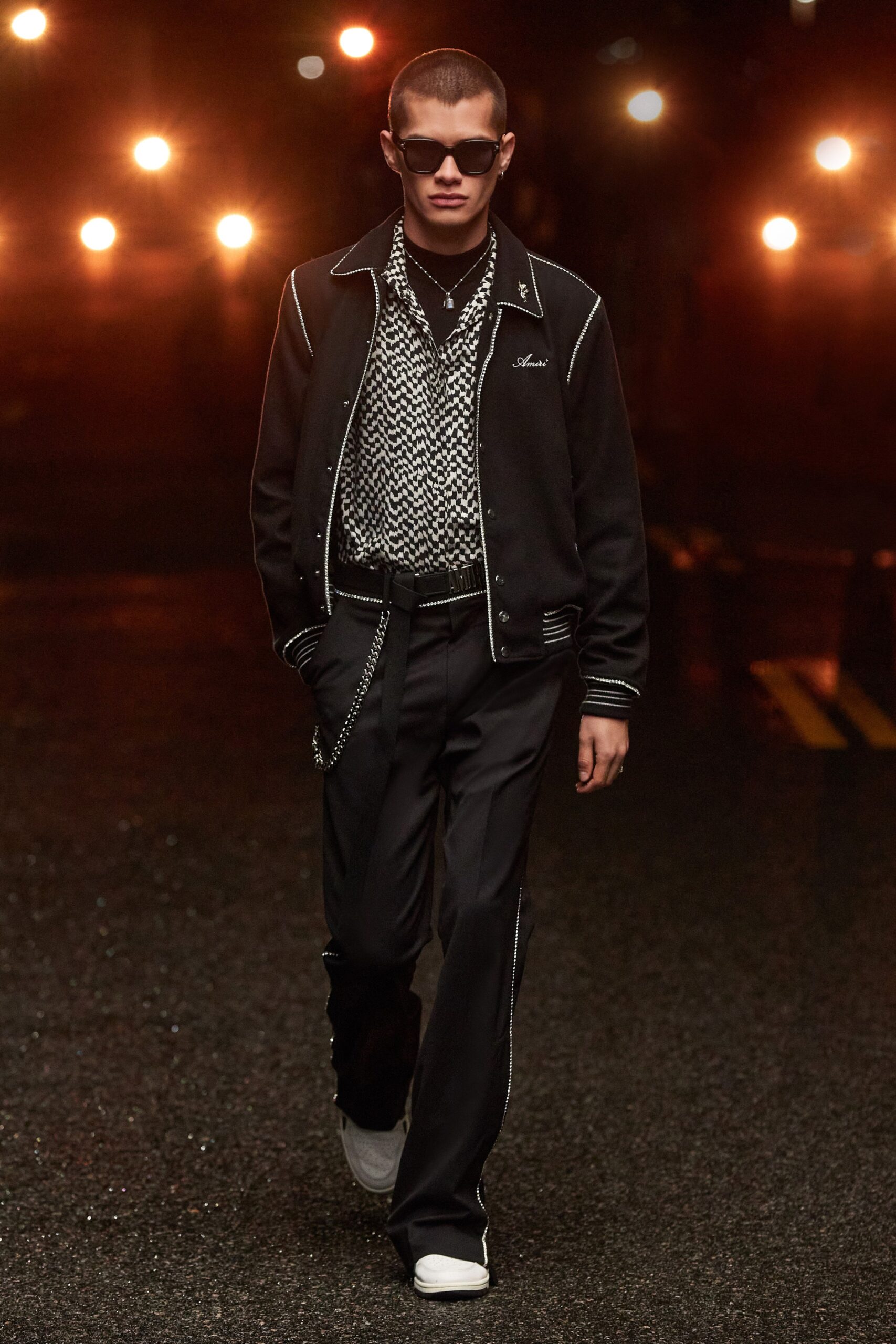black fitted jacket with printed shirt