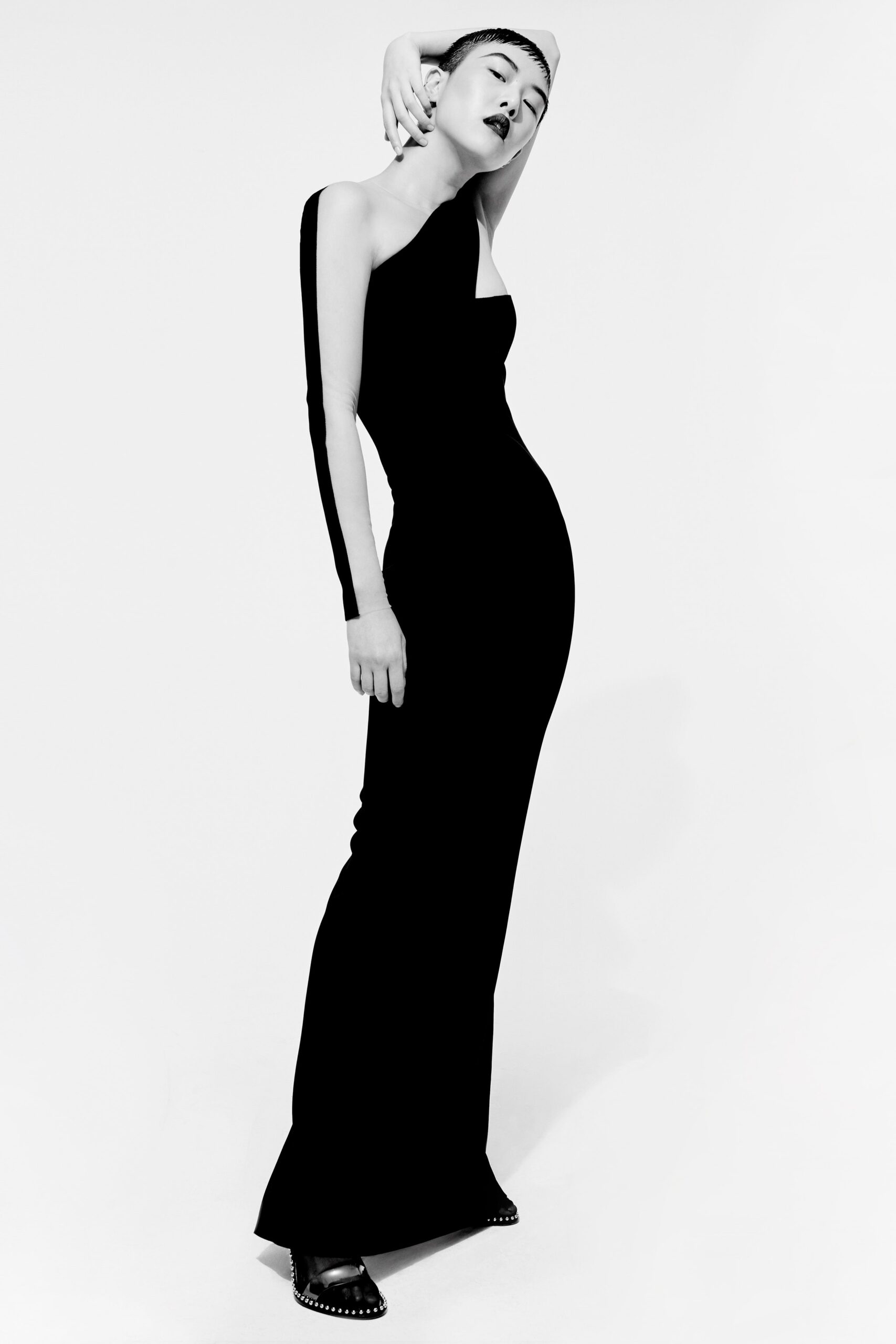 black silk fitted gown