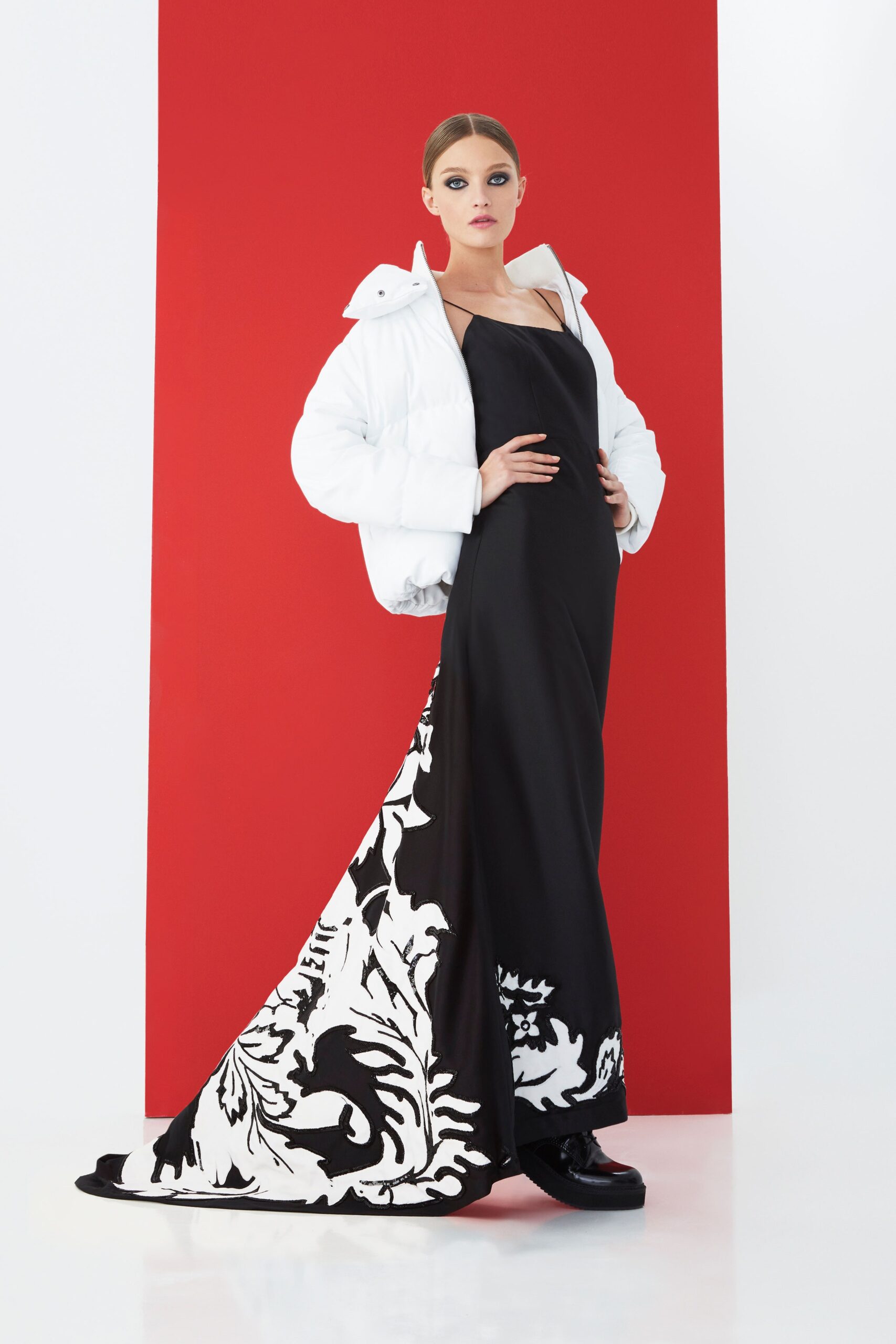 black and white maxi dress with jacket