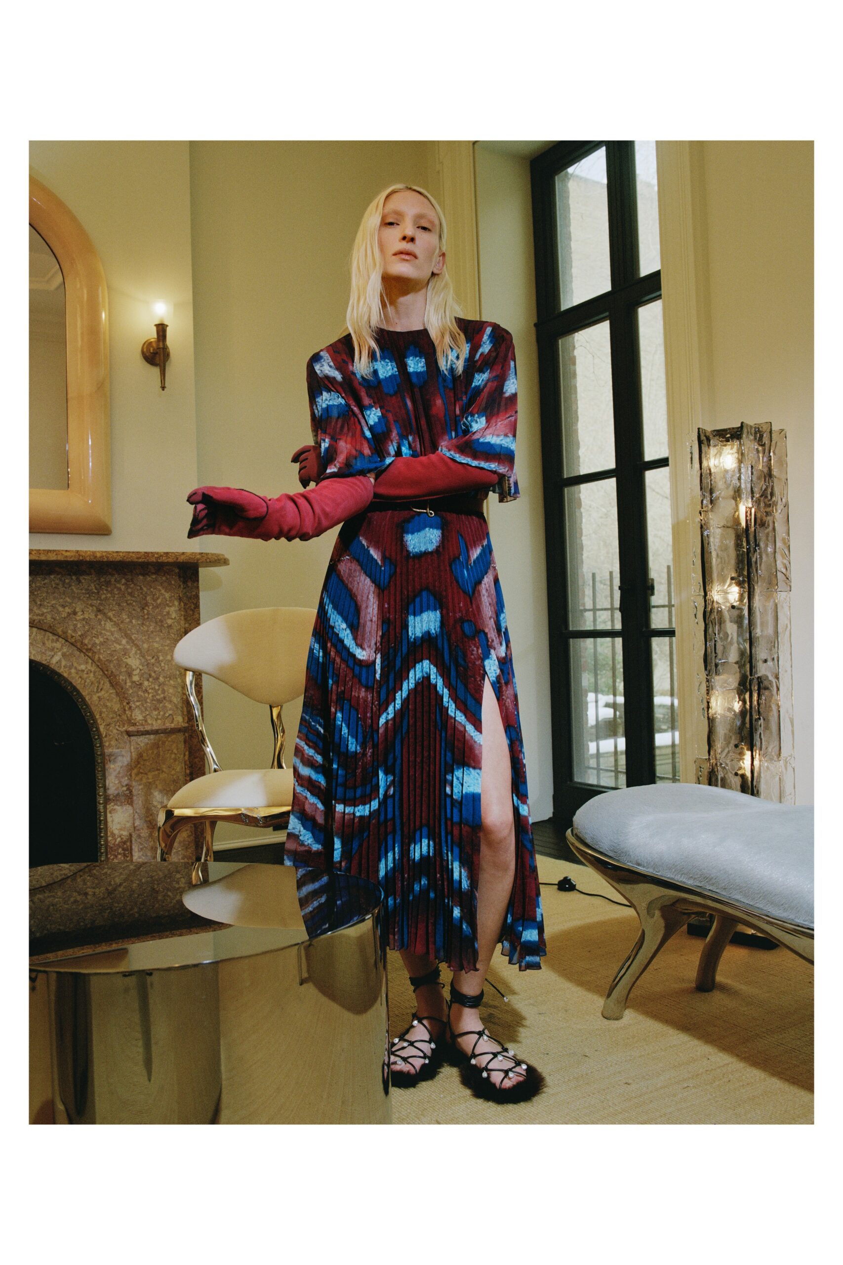 blue and red pleated midi dress