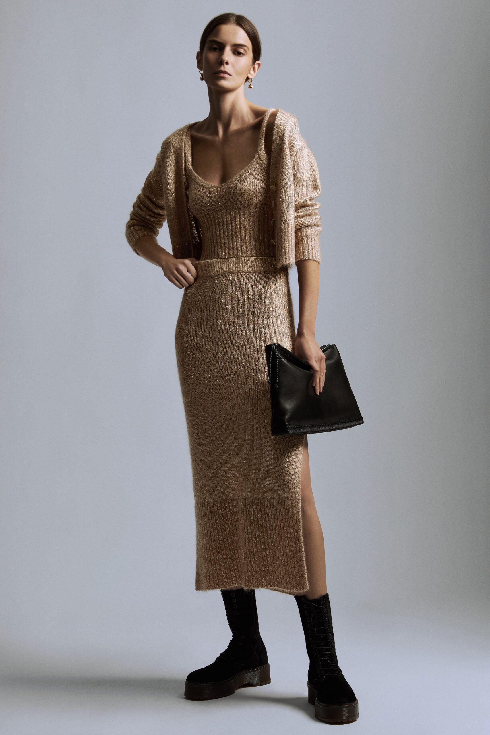 beige fitted midi dress with cardigan