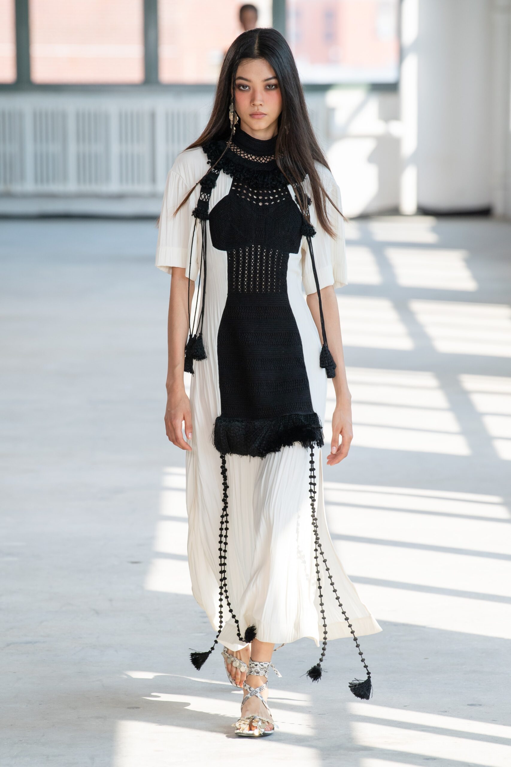 black and white pleated midi dress