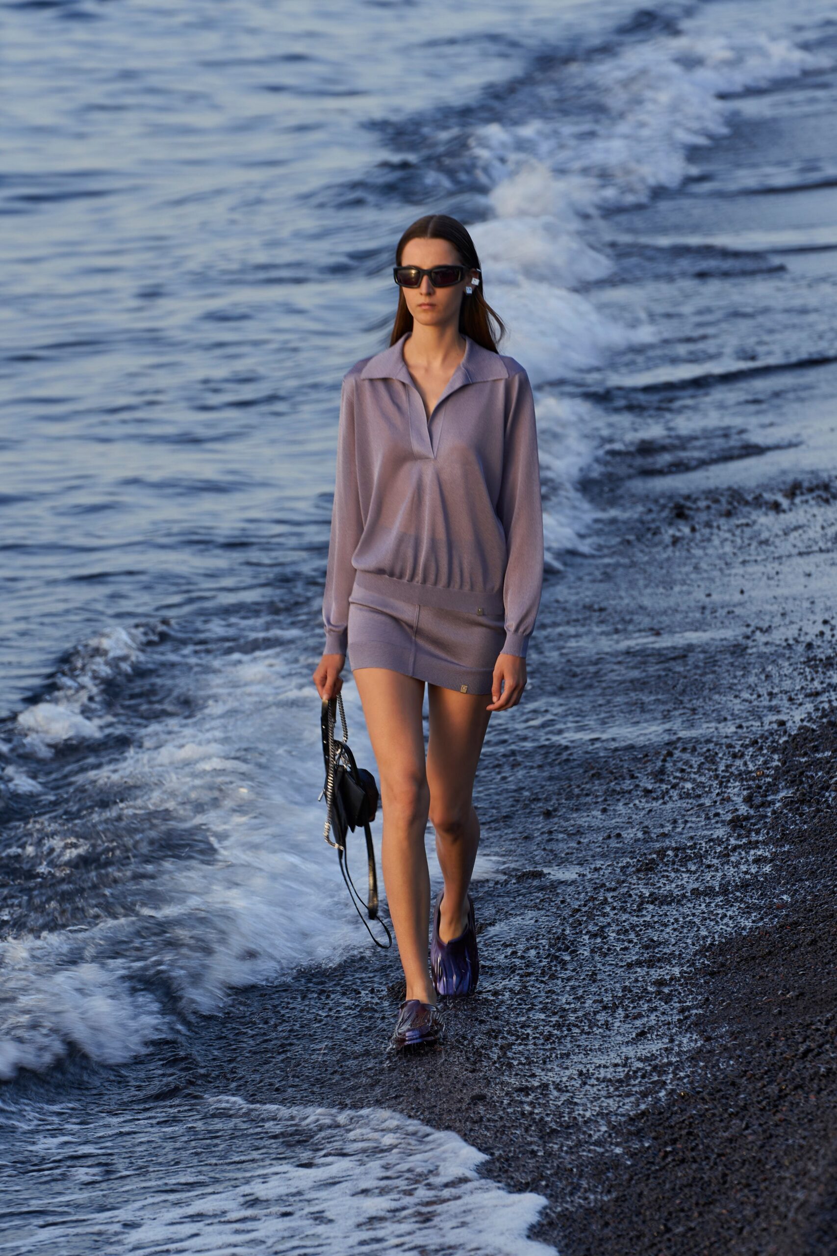 purple cotton long-sleeve collared fitted zippered sheer dress