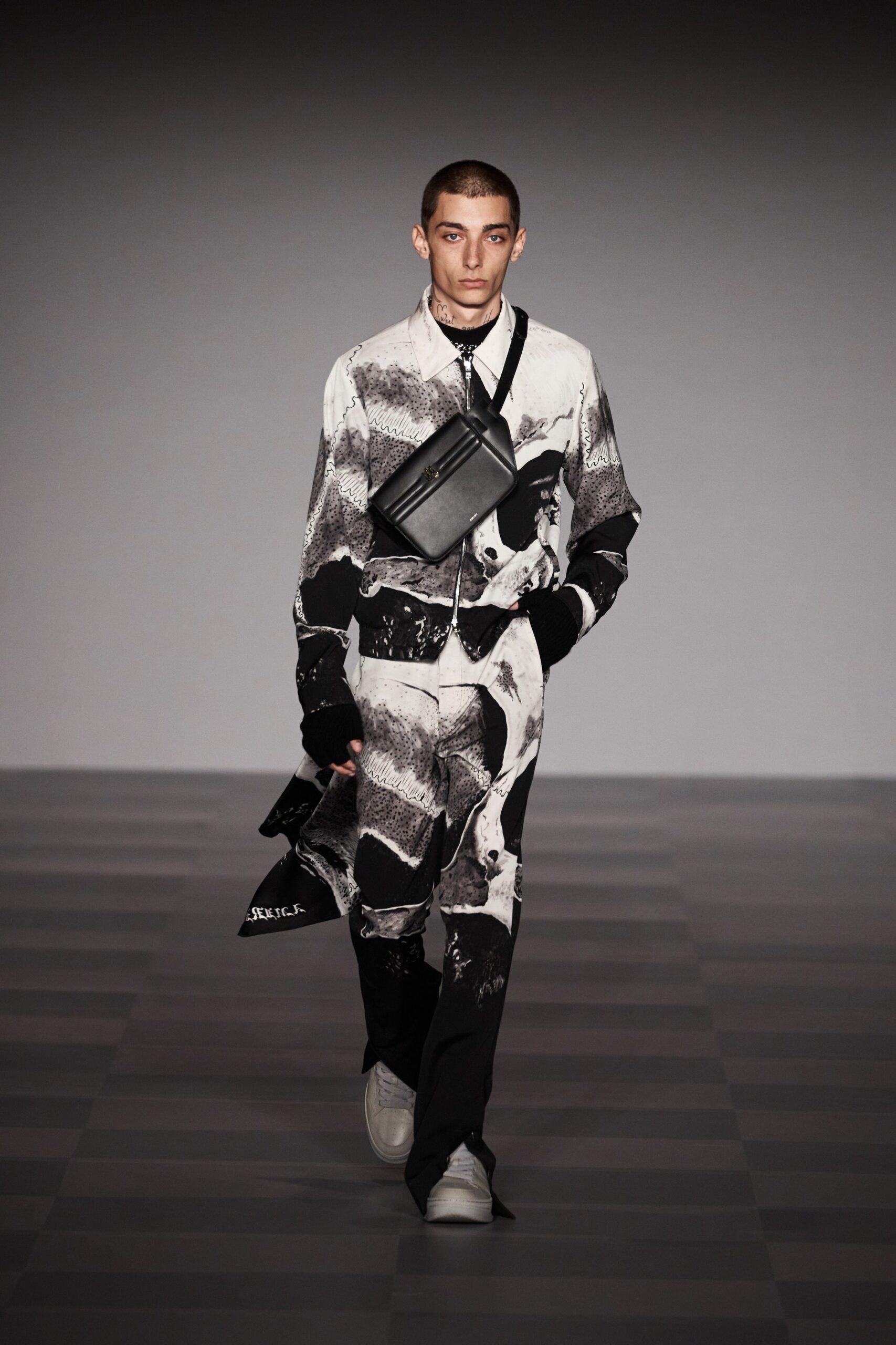 black and white printed shirt and pants