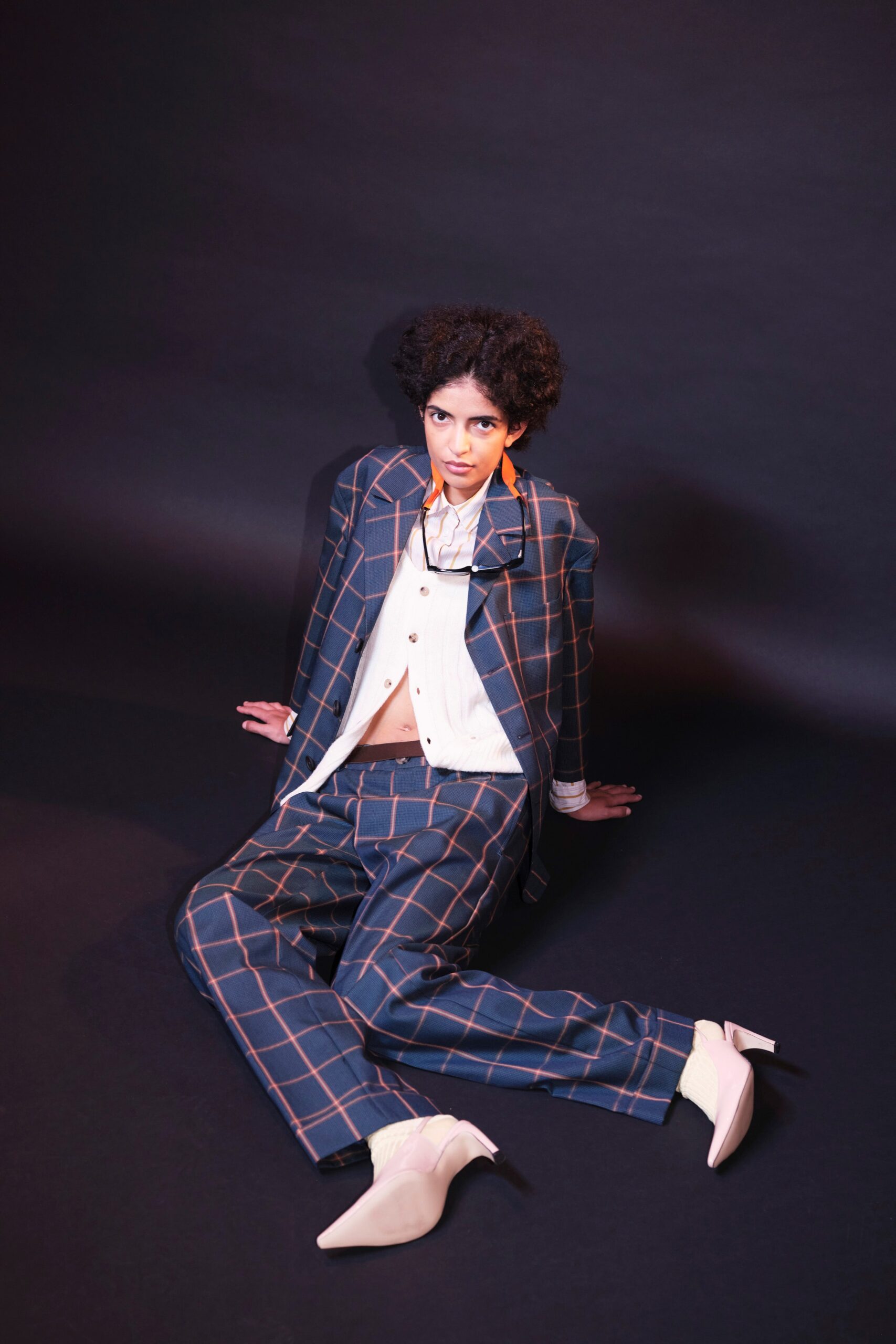 tailored blue checked suit