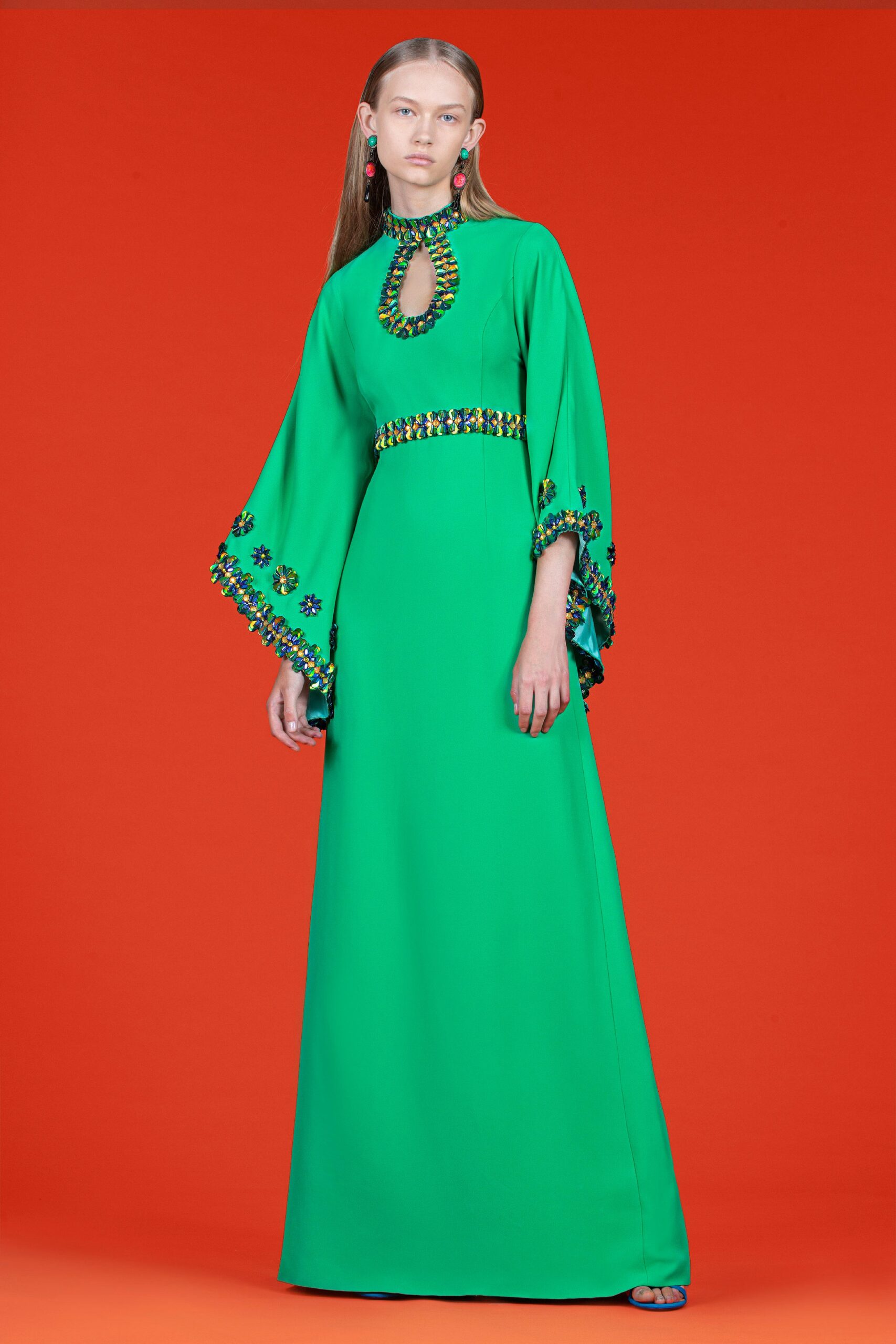 green silk embellished gown