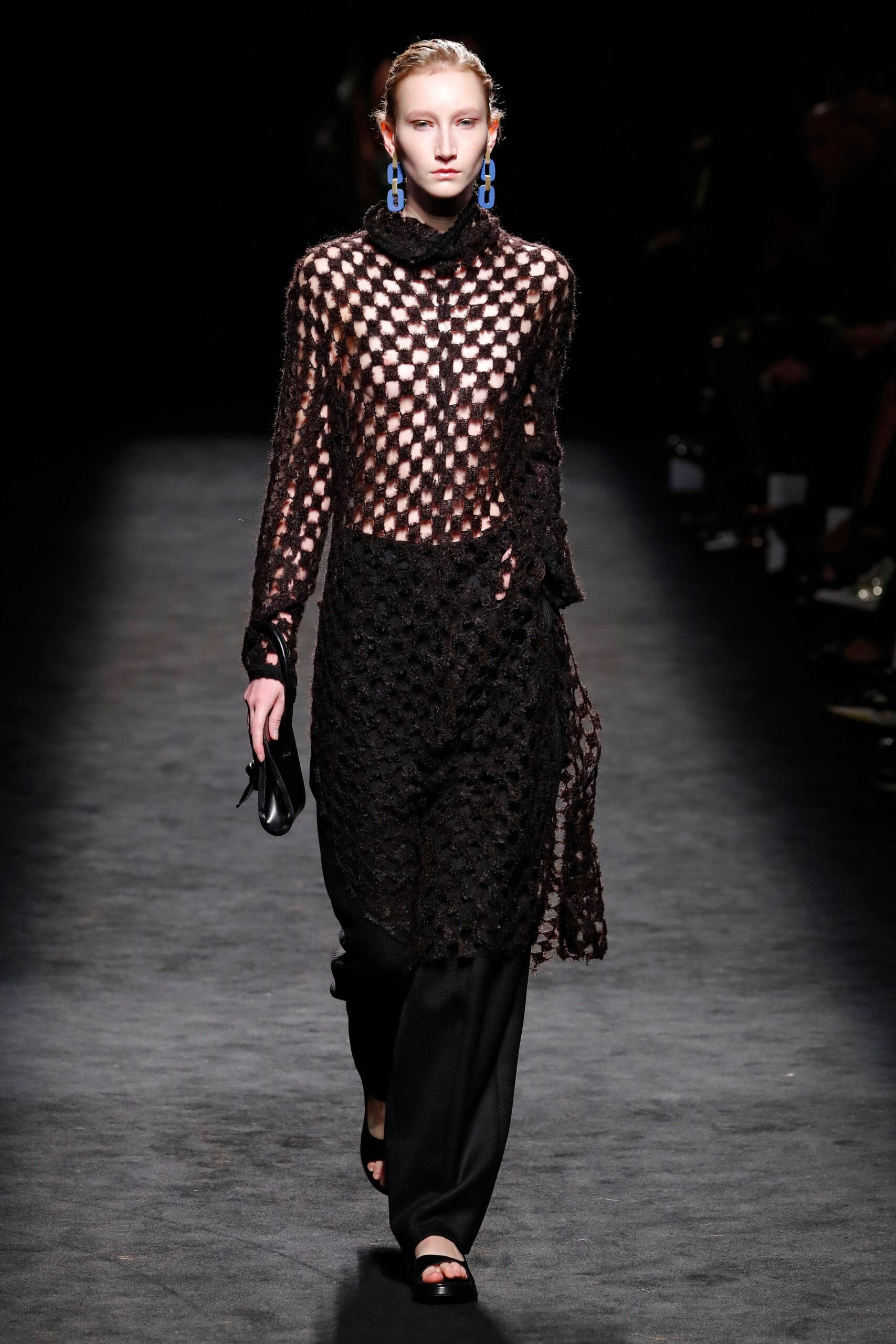 black mesh midi dress with relaxed pants