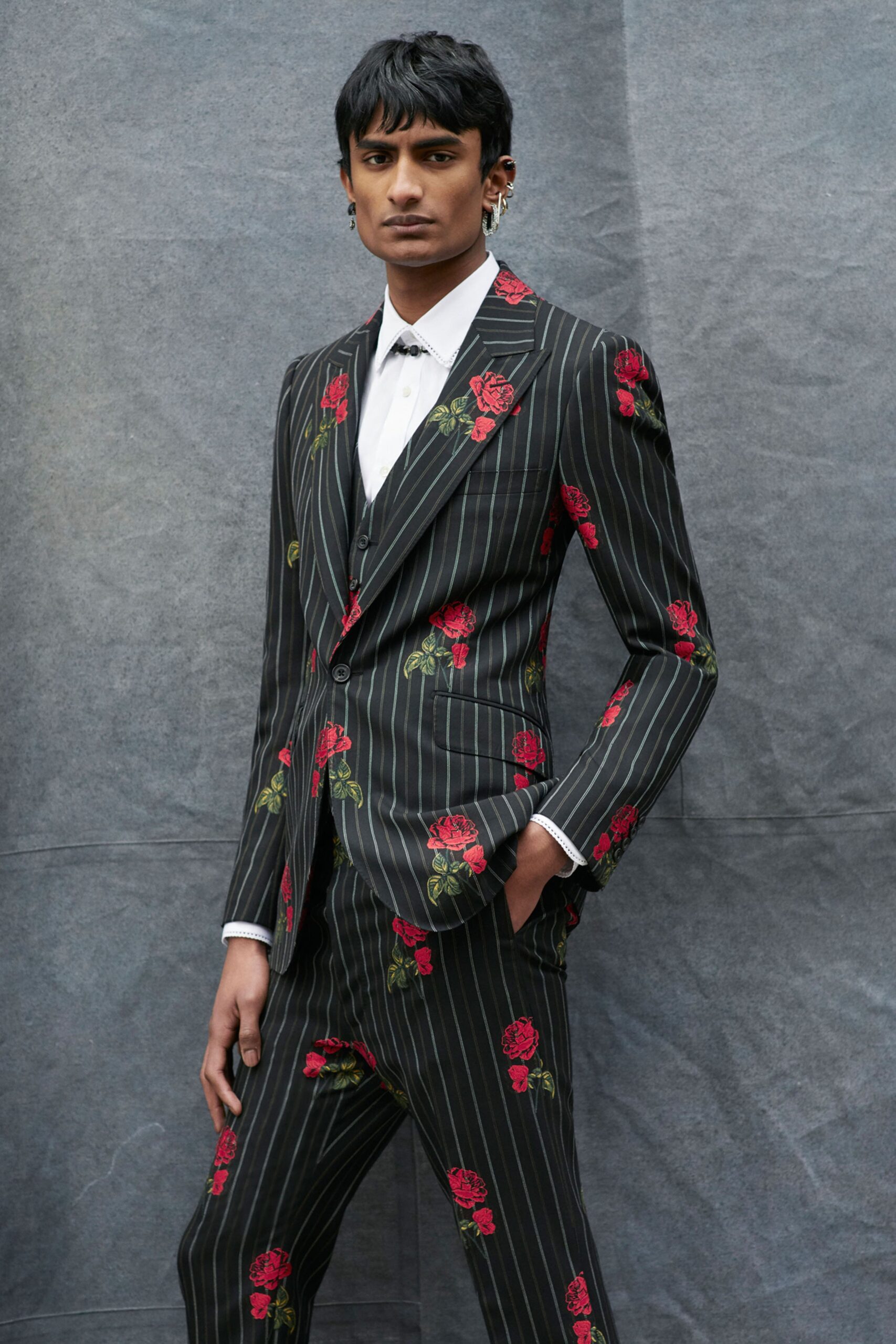 black floral striped suit