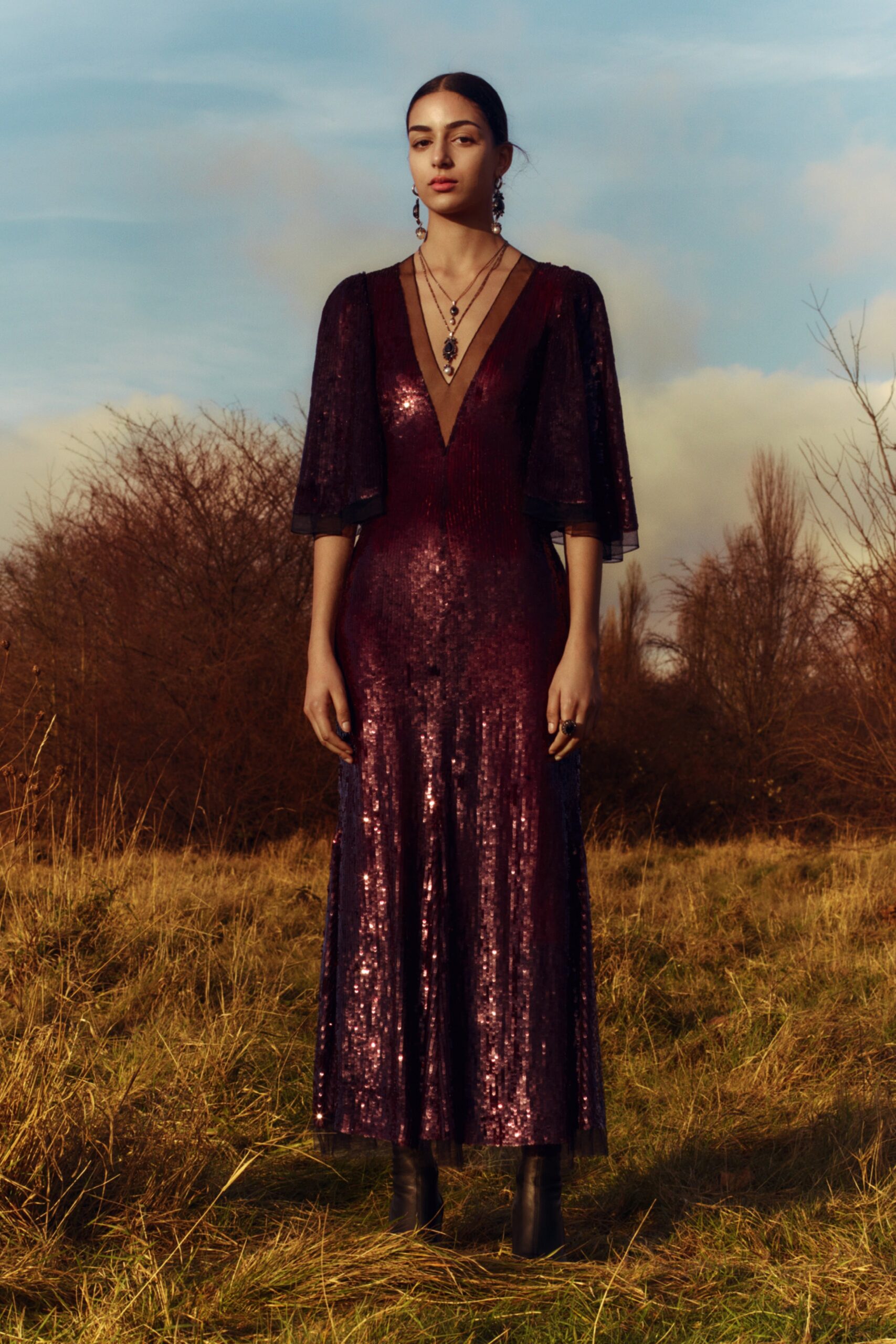 purple sequin fitted gown