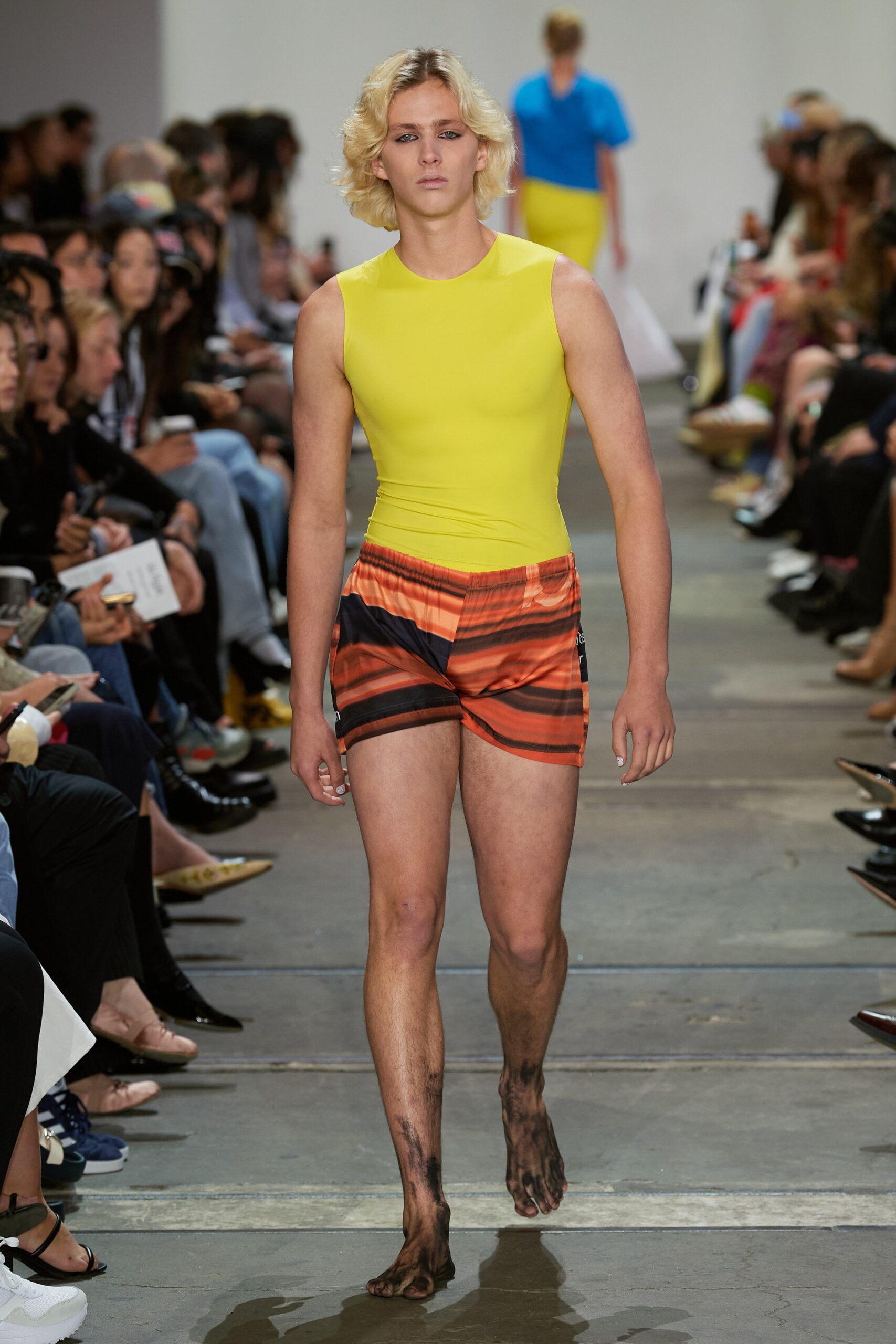 yellow bodysuit with printed shorts