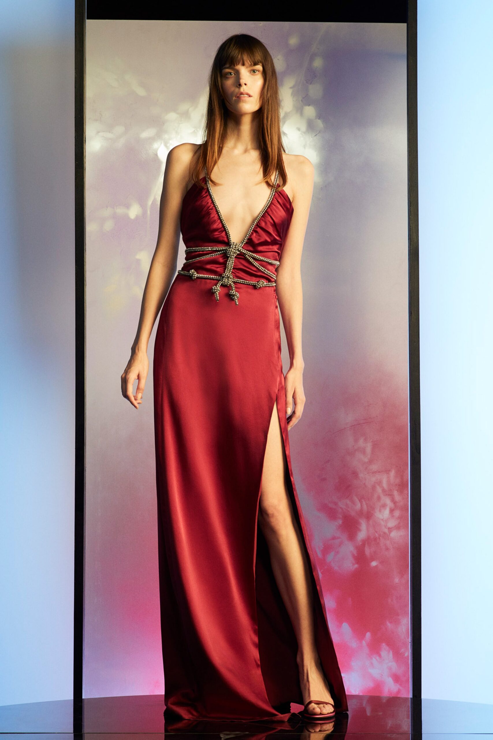 red silk sleeveless gown