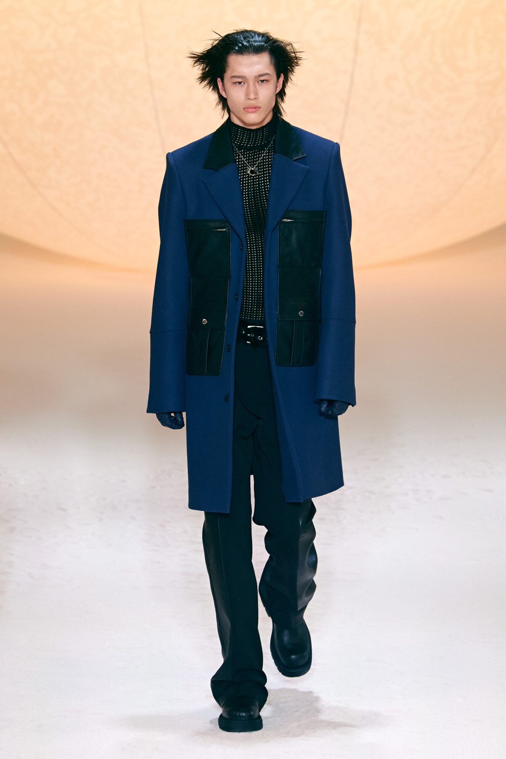 blue wool long-sleeve collared relaxed buttoned pockets coat