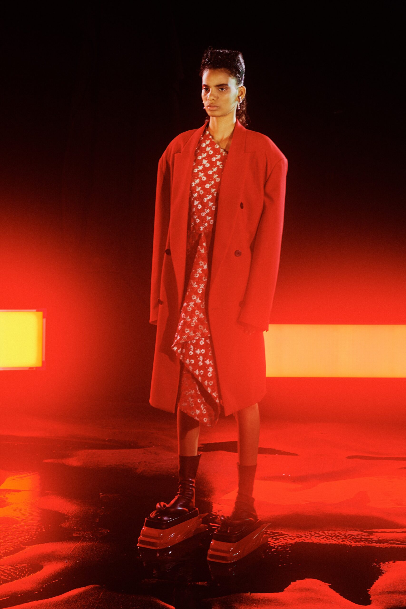 red long-sleeve double-breasted oversized coat