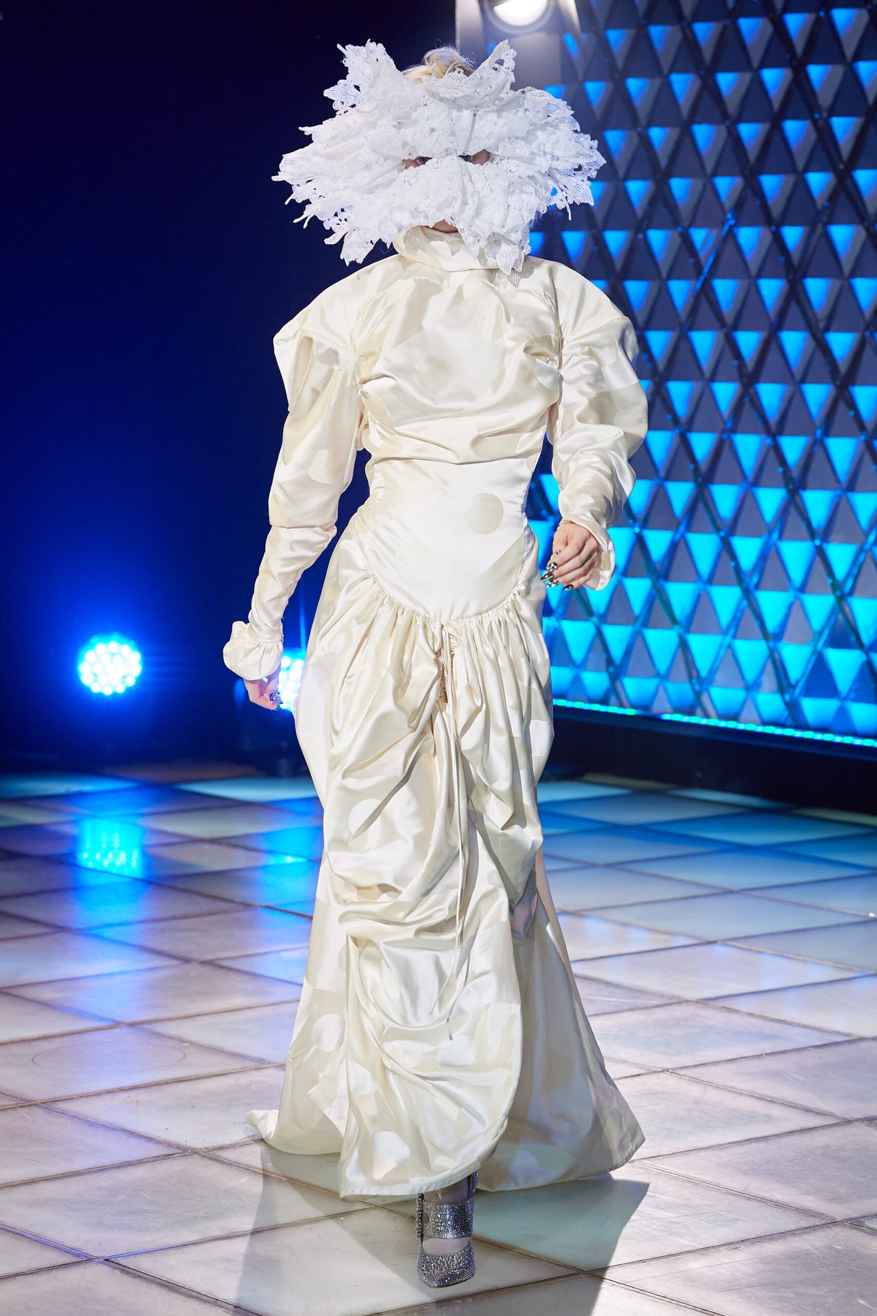 white silk fitted gown