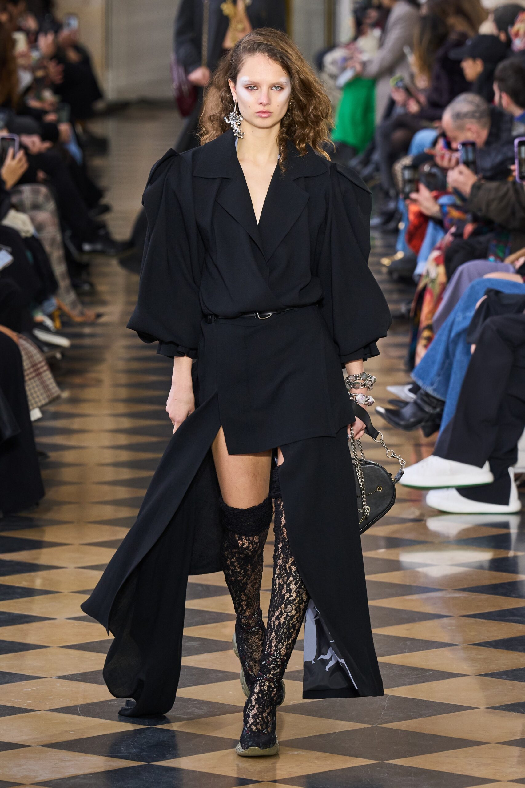 black silk long-sleeve v-neck fitted layered belted dress