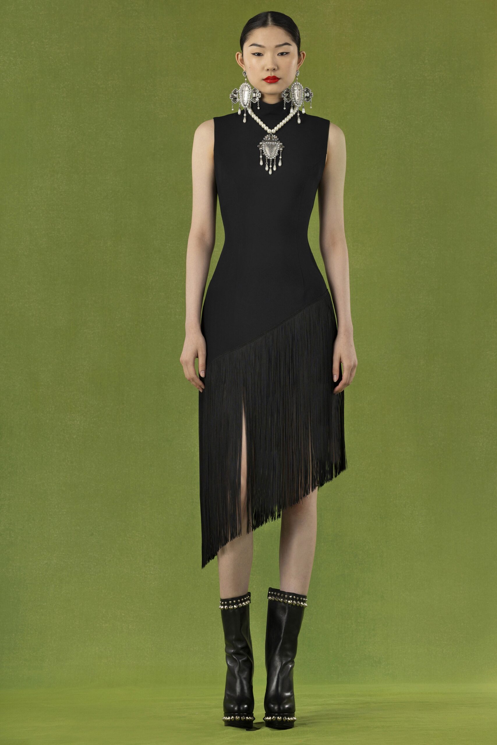 black fitted midi dress with fringe