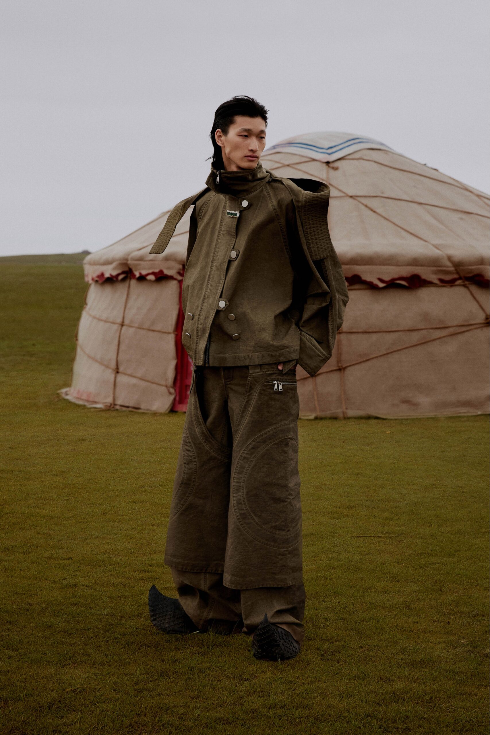 brown relaxed cotton jacket and pants
