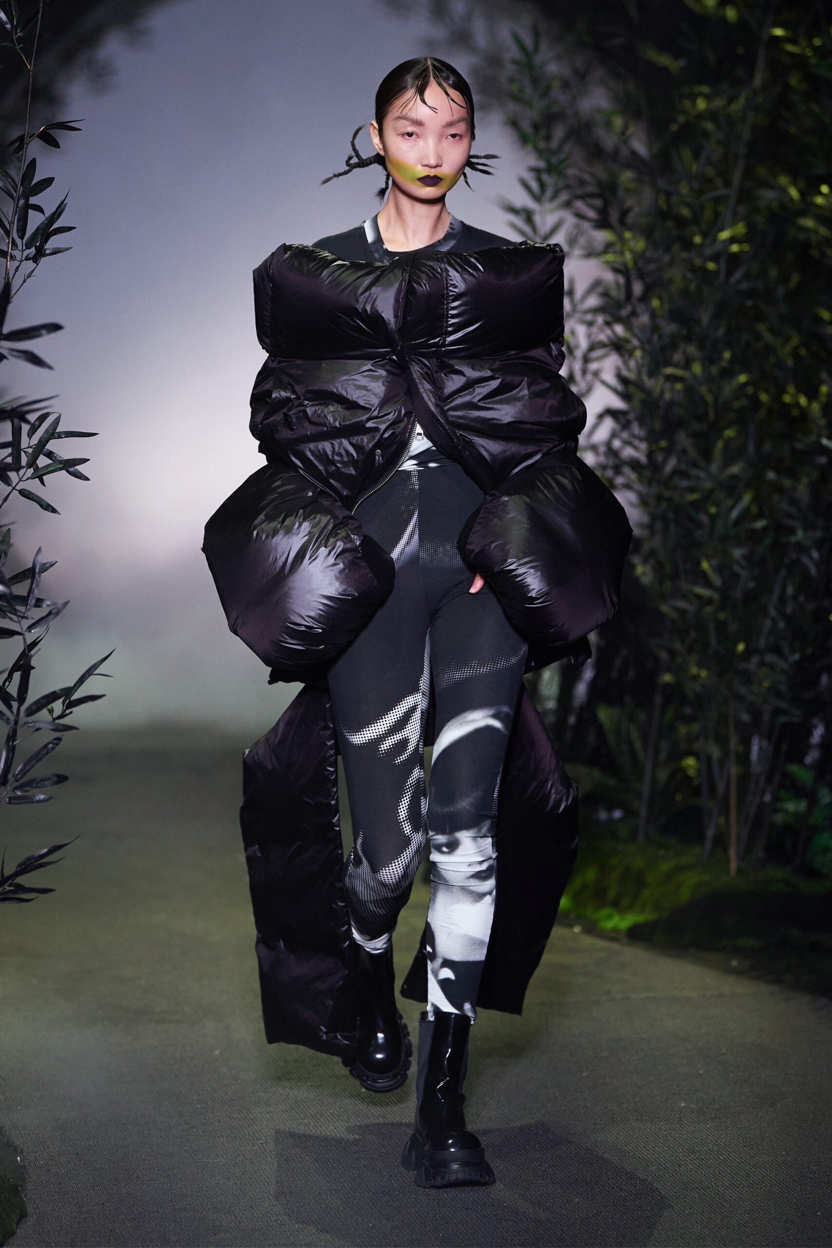 oversized black vinyl coat with printed pants