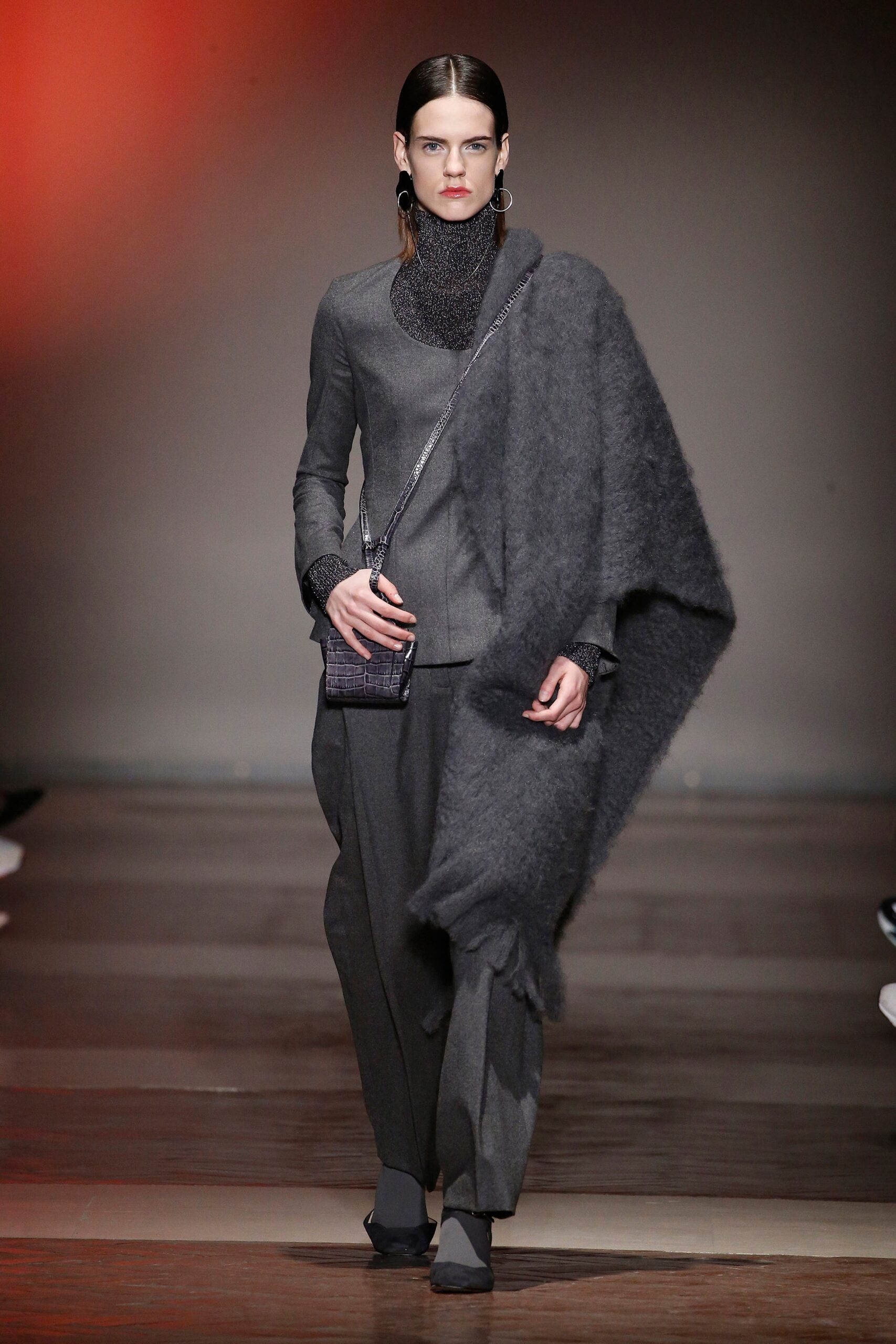 gray wool top and tailored pants