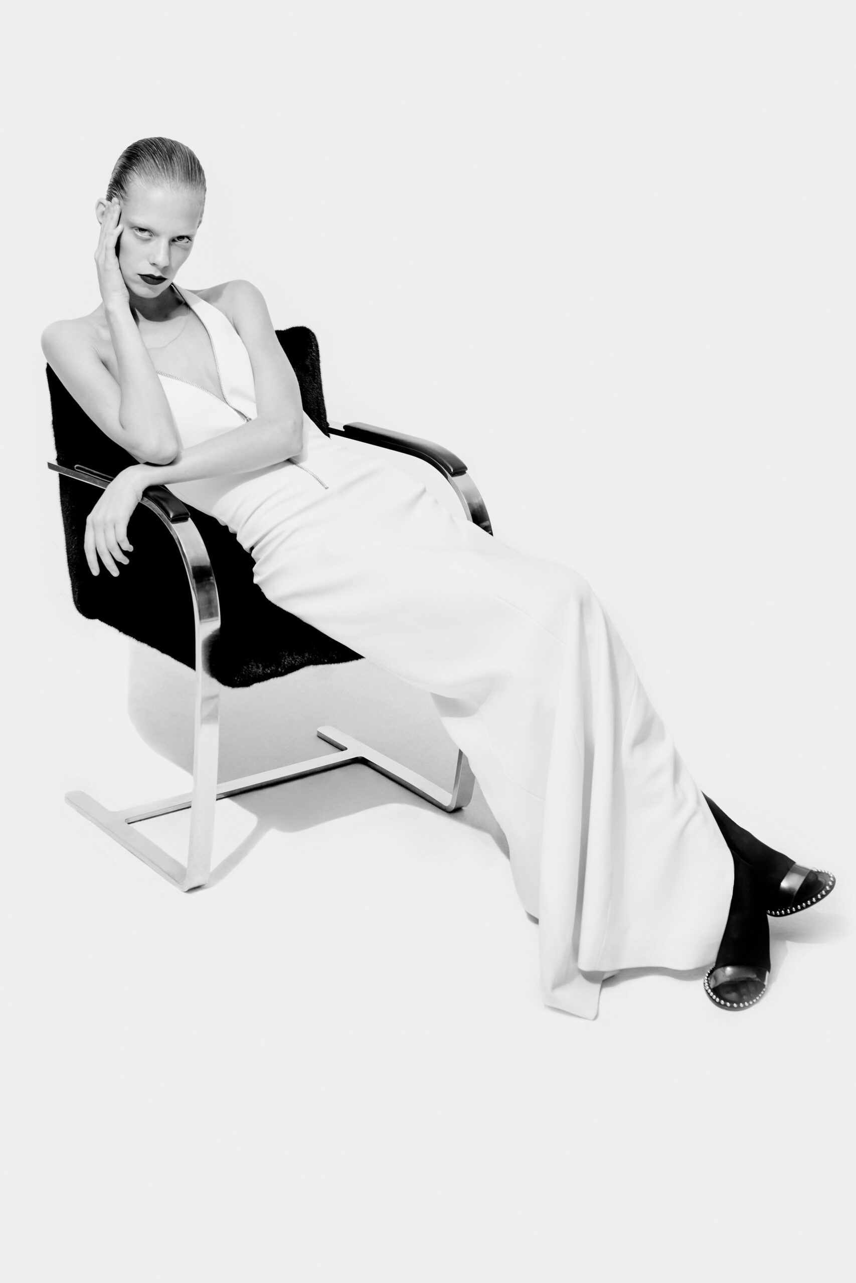 fitted white silk gown