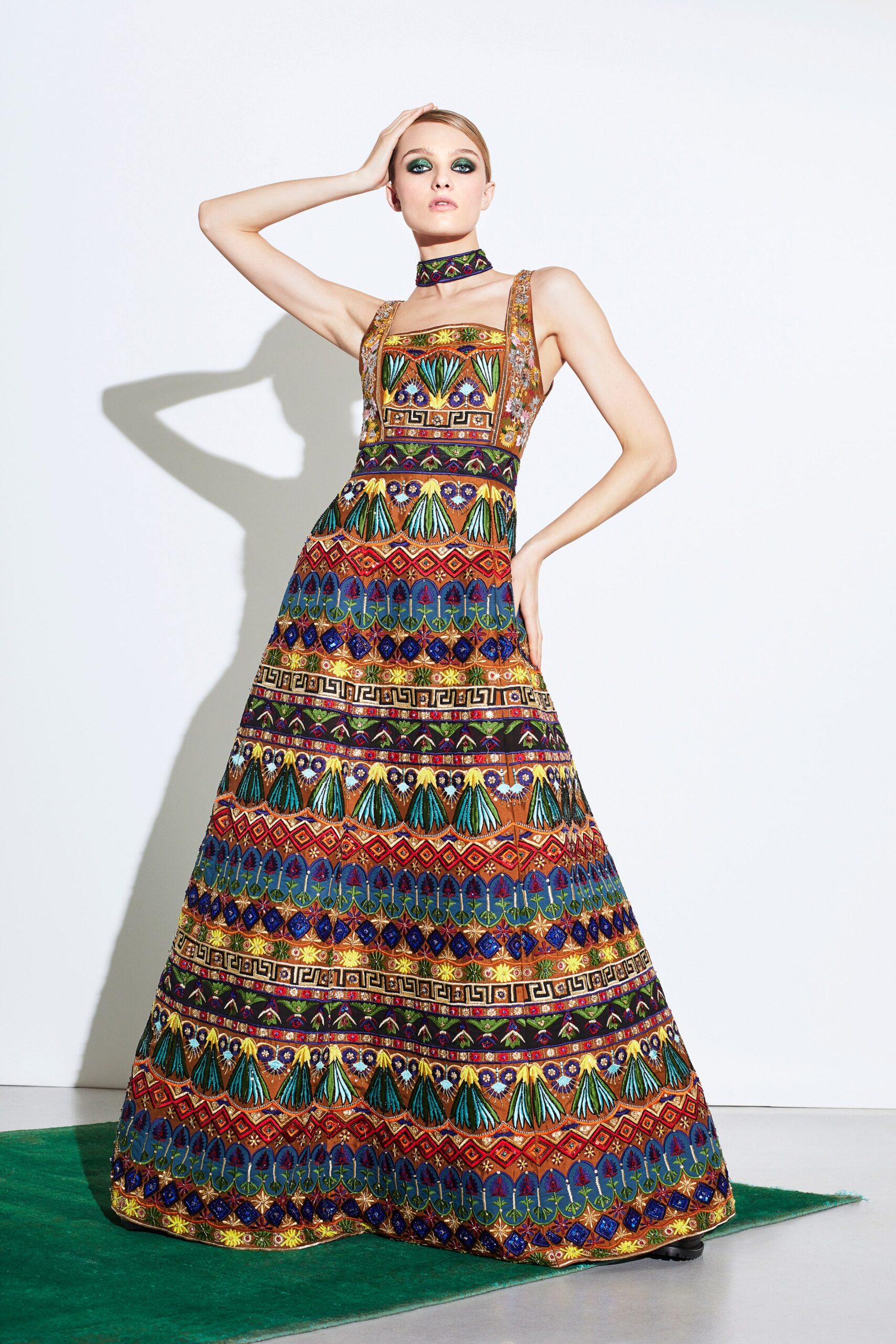 multi-colored embroidered gown