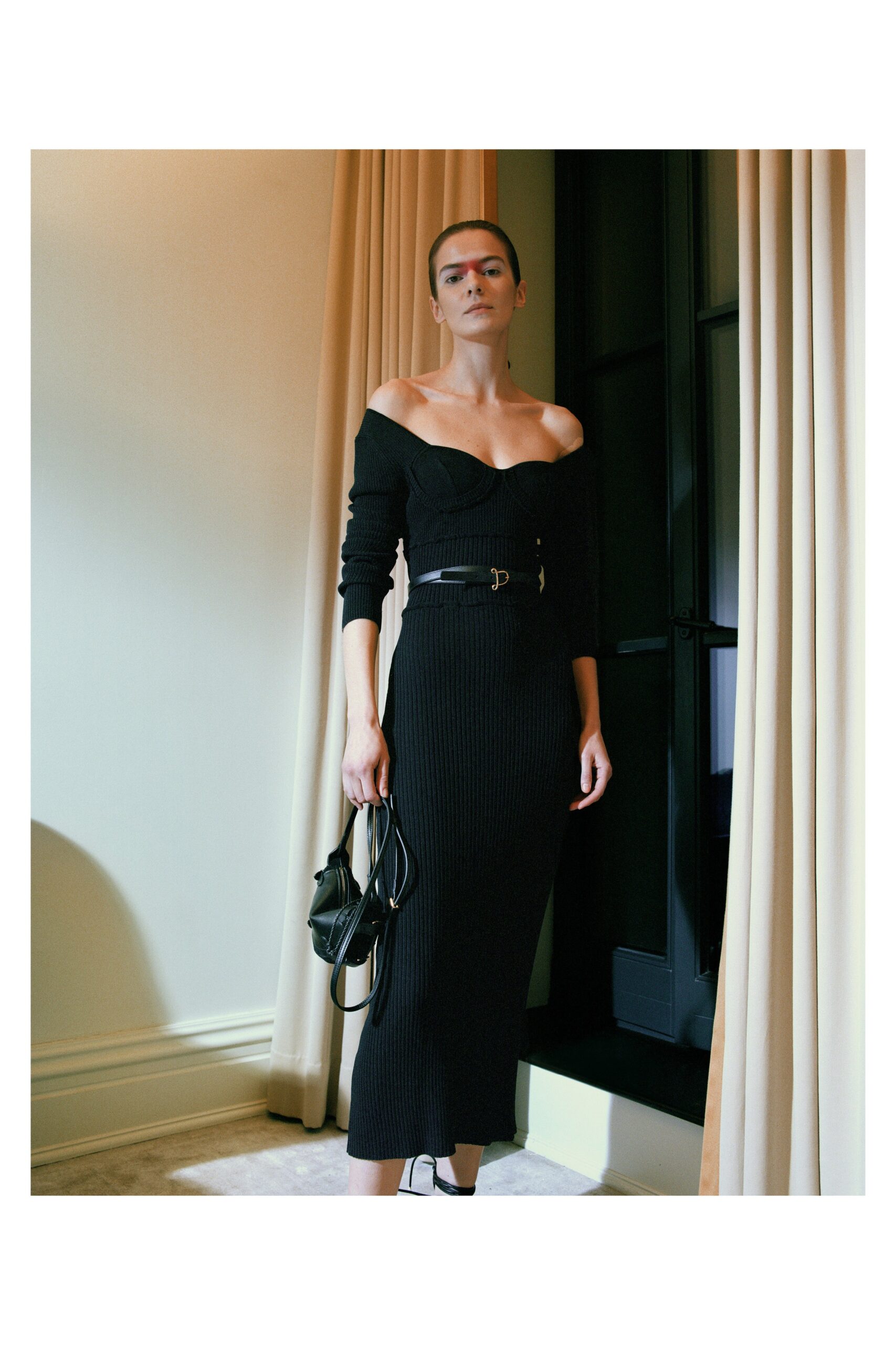 black fitted off-shoulder midi dress