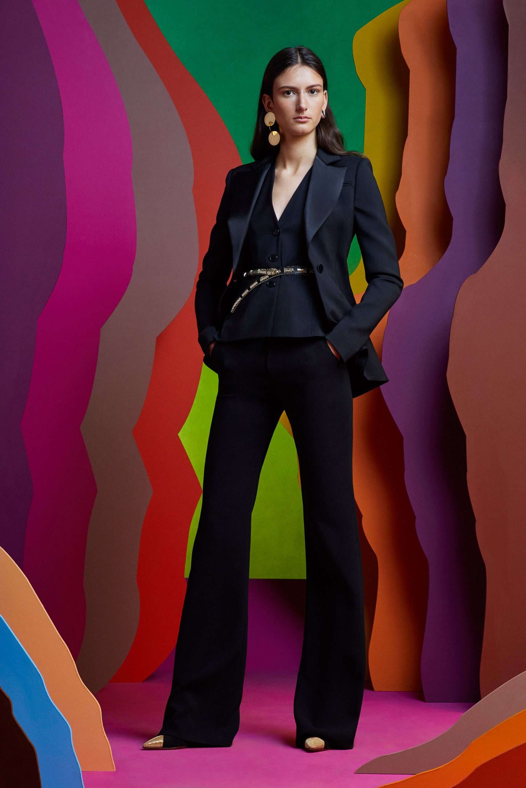 black wool tailored flared pants